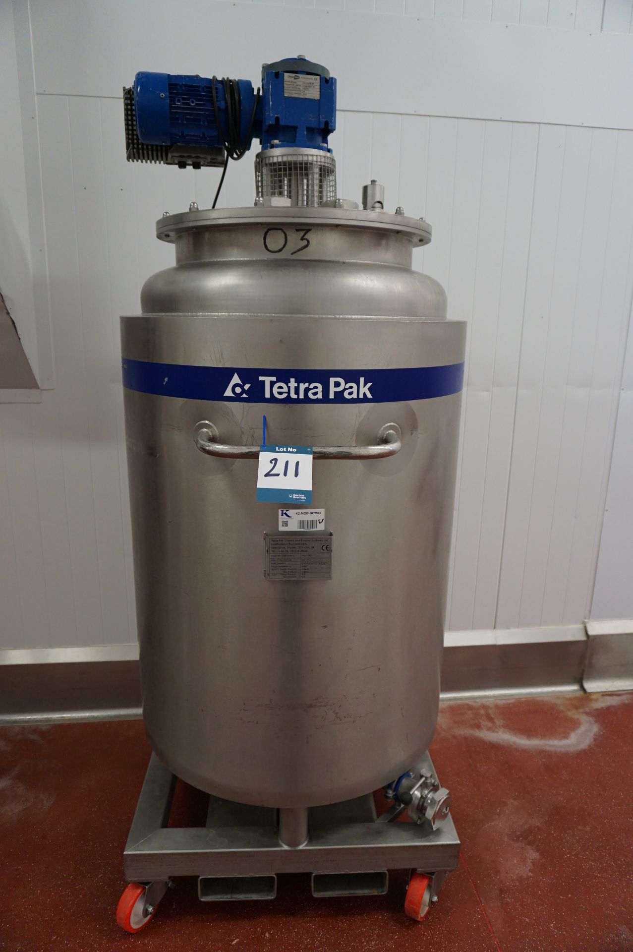 Tetra-Pak, jacketed and pressurised 500kg mobile storage vessel with agitator and forklift