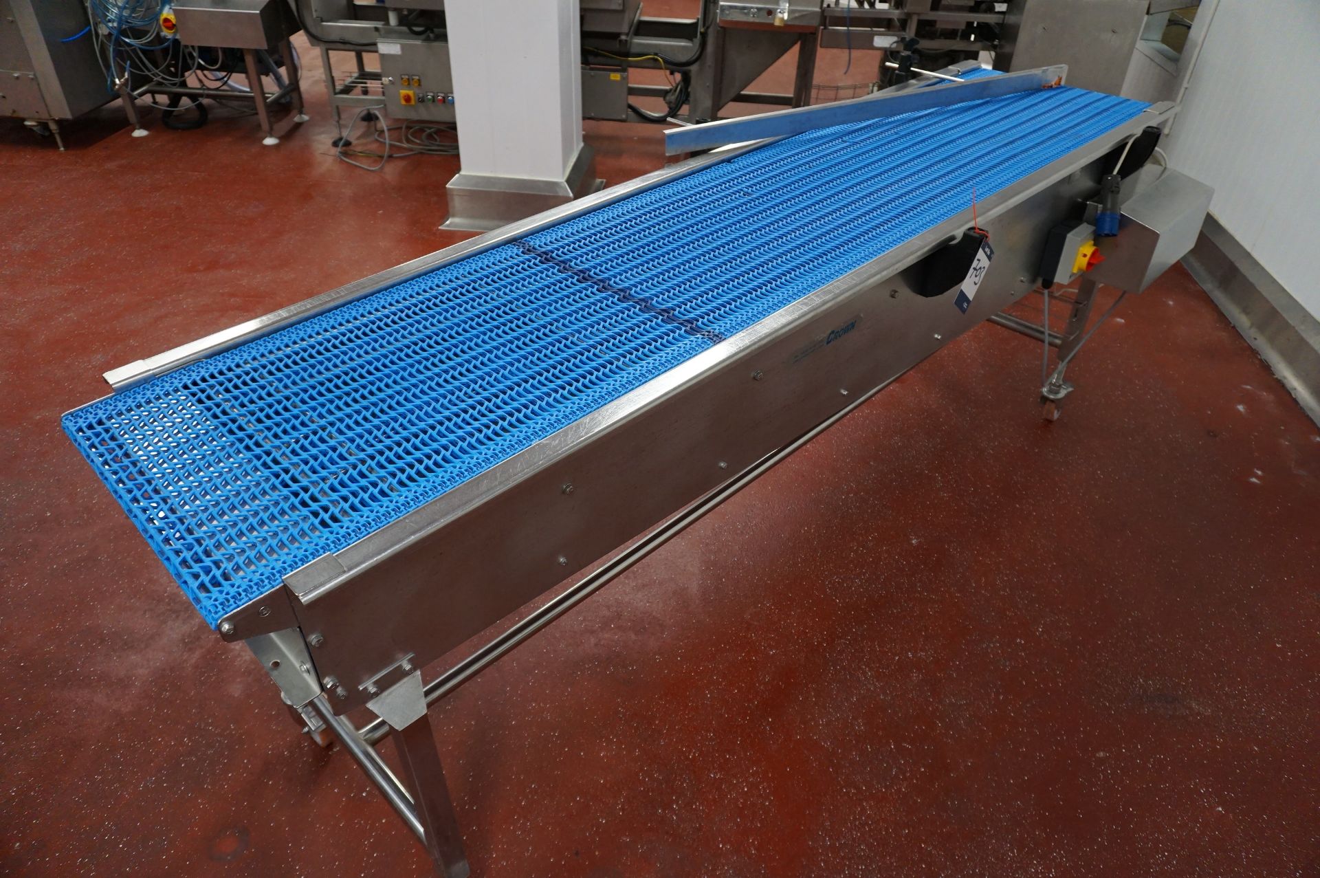 Crown, motorised mobile plastic mesh conveyor, 2.5m (l) belt width: 300mm