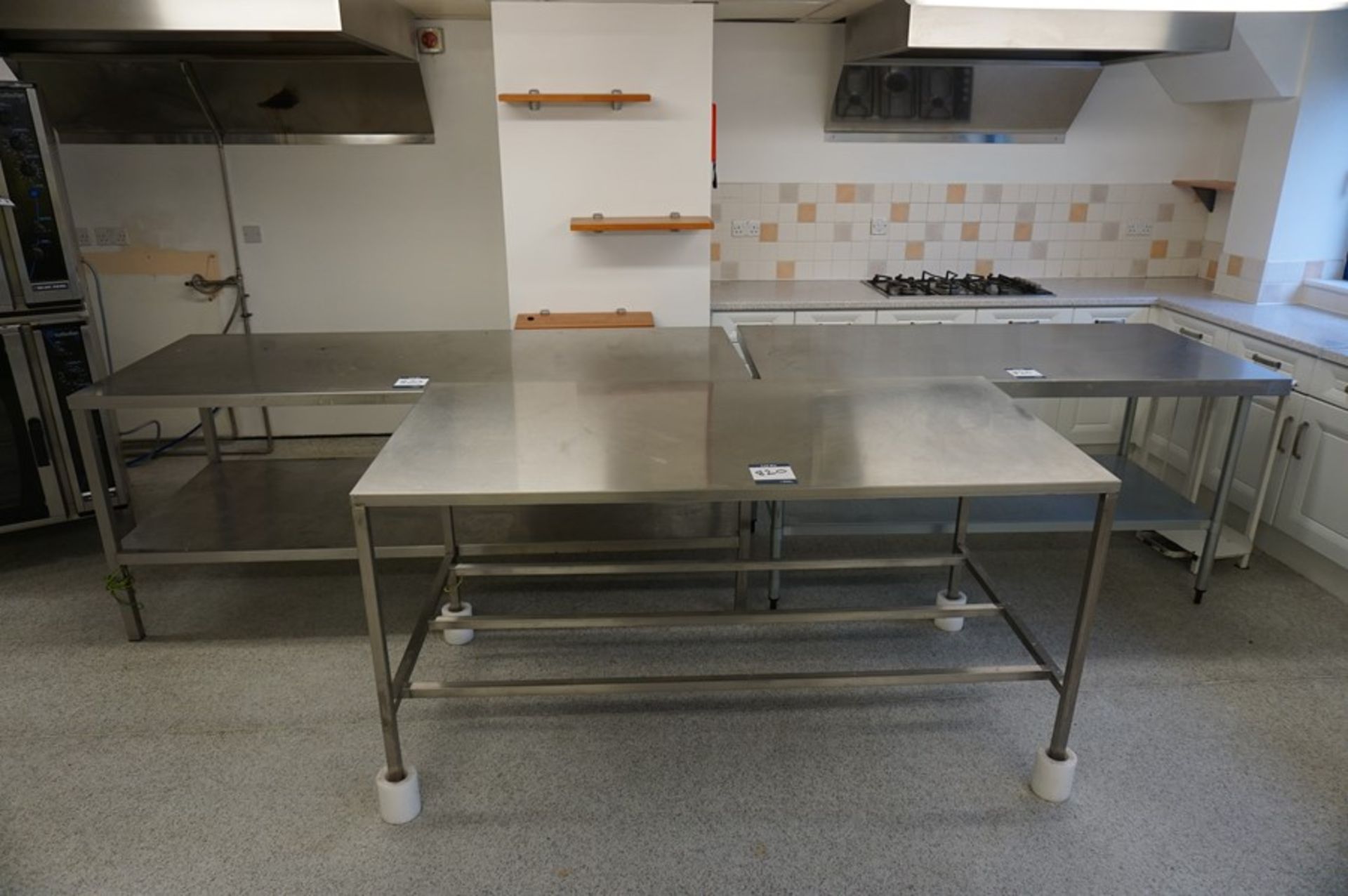 3 x Various stainless steel tables, 2: 0.9m x 1.8m x 0.93m (h) and 1: 0.9m x 2.2m x 0.9m (h) as