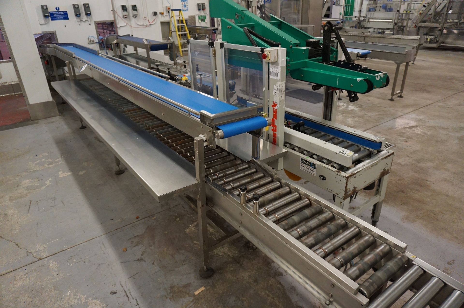 Motorised up and over incline belt conveyor, 7.7m (l) belt width: 300mm with under gravity roller