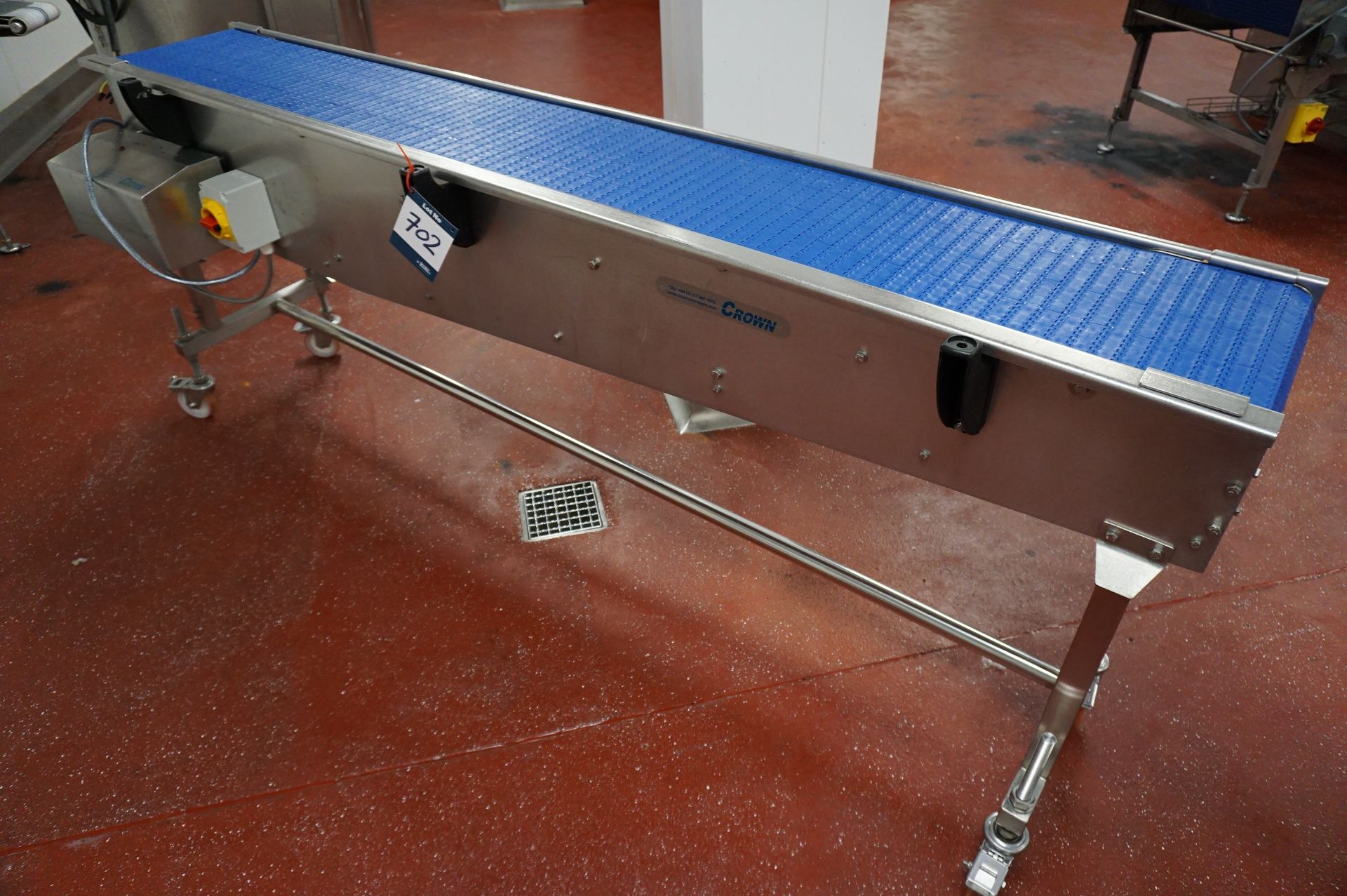 Crown, motorised mobile plastic belt conveyor, 2.34m (l) belt width: 300mm