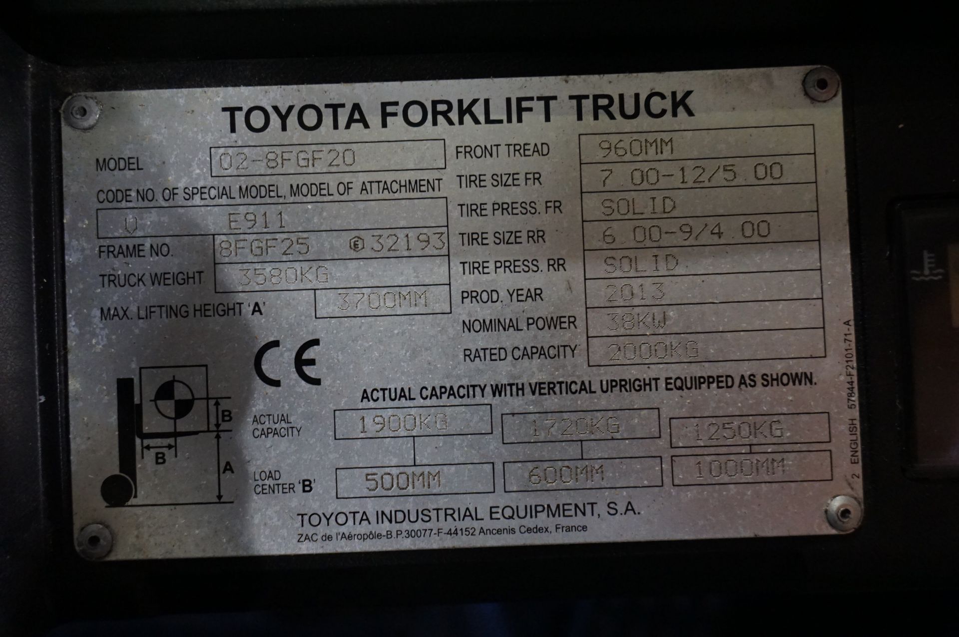Toyota, Model: O2-8FGF20, 2000kg LPG forklift truck, Serial No. E911, Hours: 5589 (2013) (Separate - Image 6 of 7