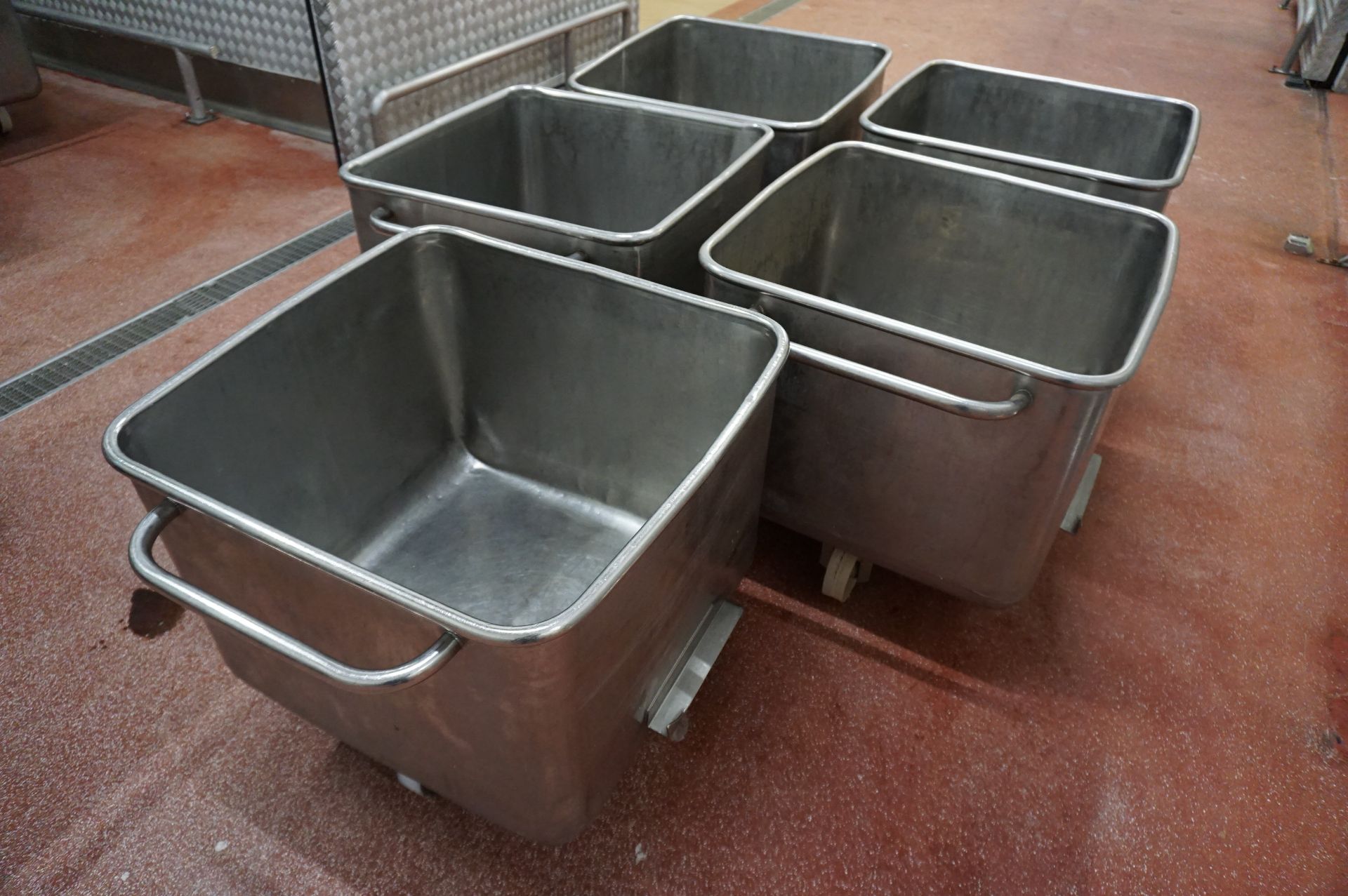 5 x Stainless Steel mobile tote bins, Approx: 650mm x 630mm (these will be allocated on a first come