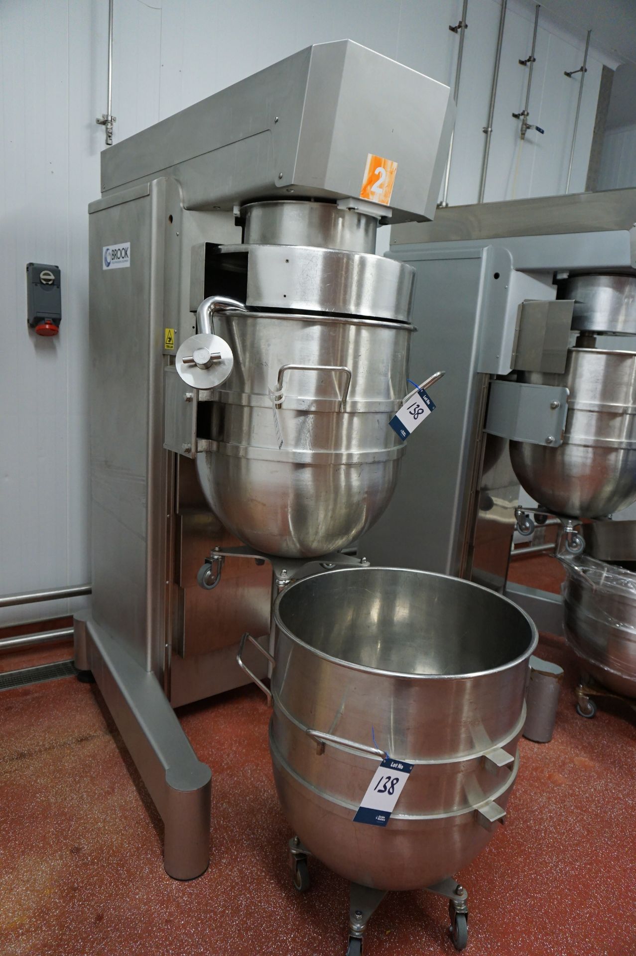 Brook Foods plant mixer, complete with paddle, whisk, dough hook and 2 x mixing bowls (60cm dia)