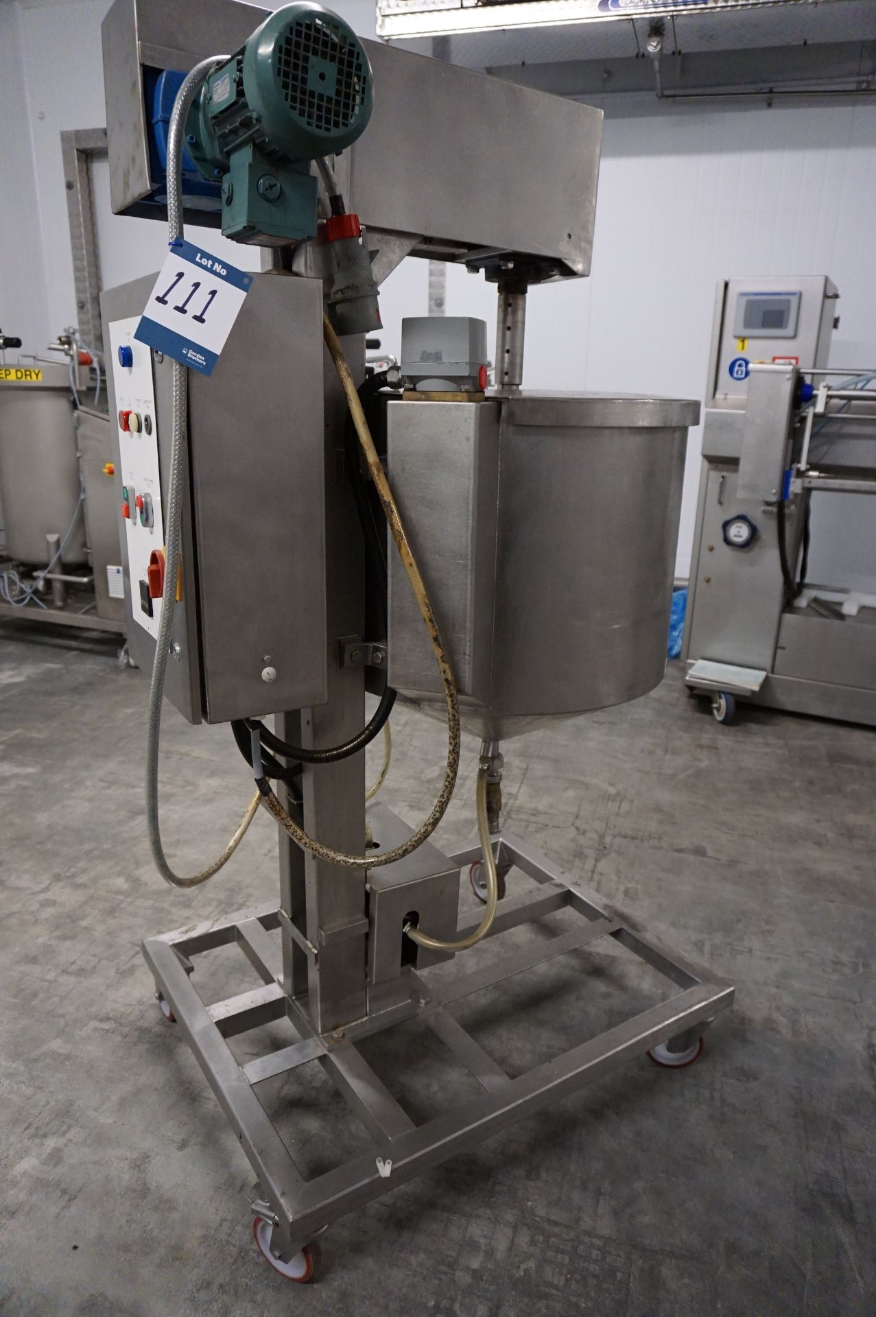 Unbadged mobile chocolate mixing vat, approc 100L with controls