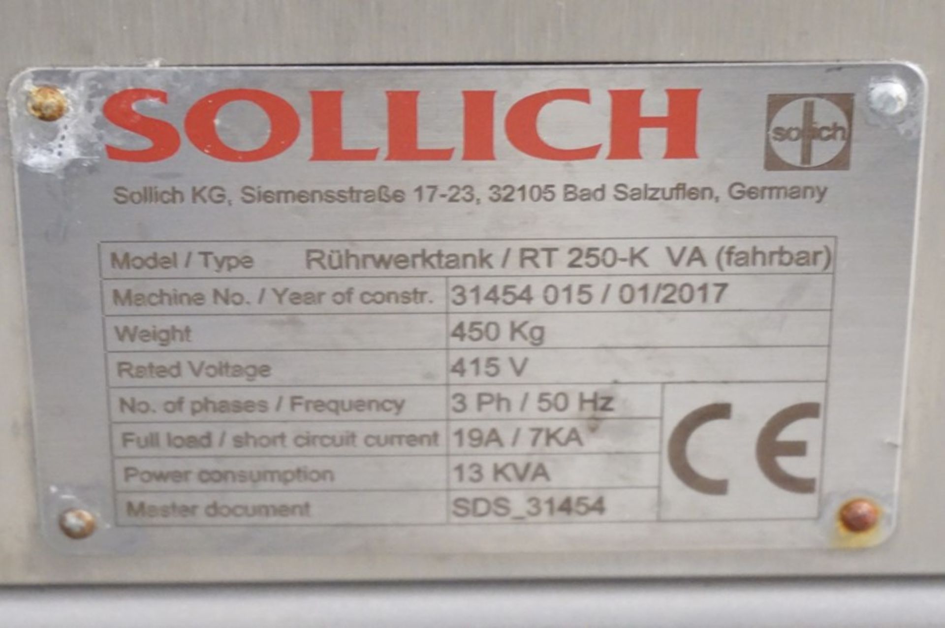 Sollich, Model: RT 250-K VA, 250kg mobile chocolate melting tank, Serial No. 31454015 (2017) with - Image 11 of 12