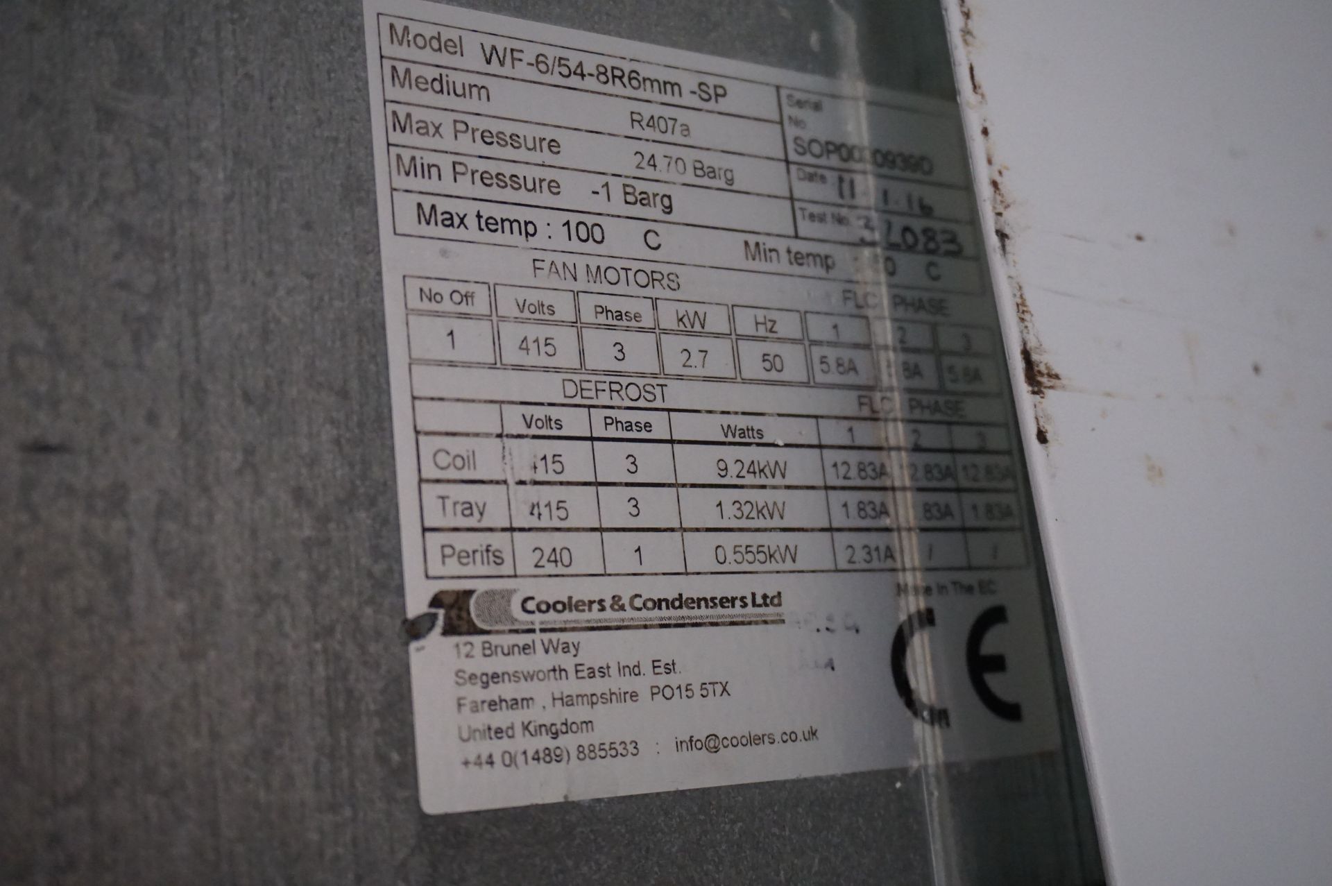 Coolers & Condensers, Model: WF-6/54-8R6mm-SP, blast chiller, Serial No. SOP0030939D (2016) max - Image 2 of 2