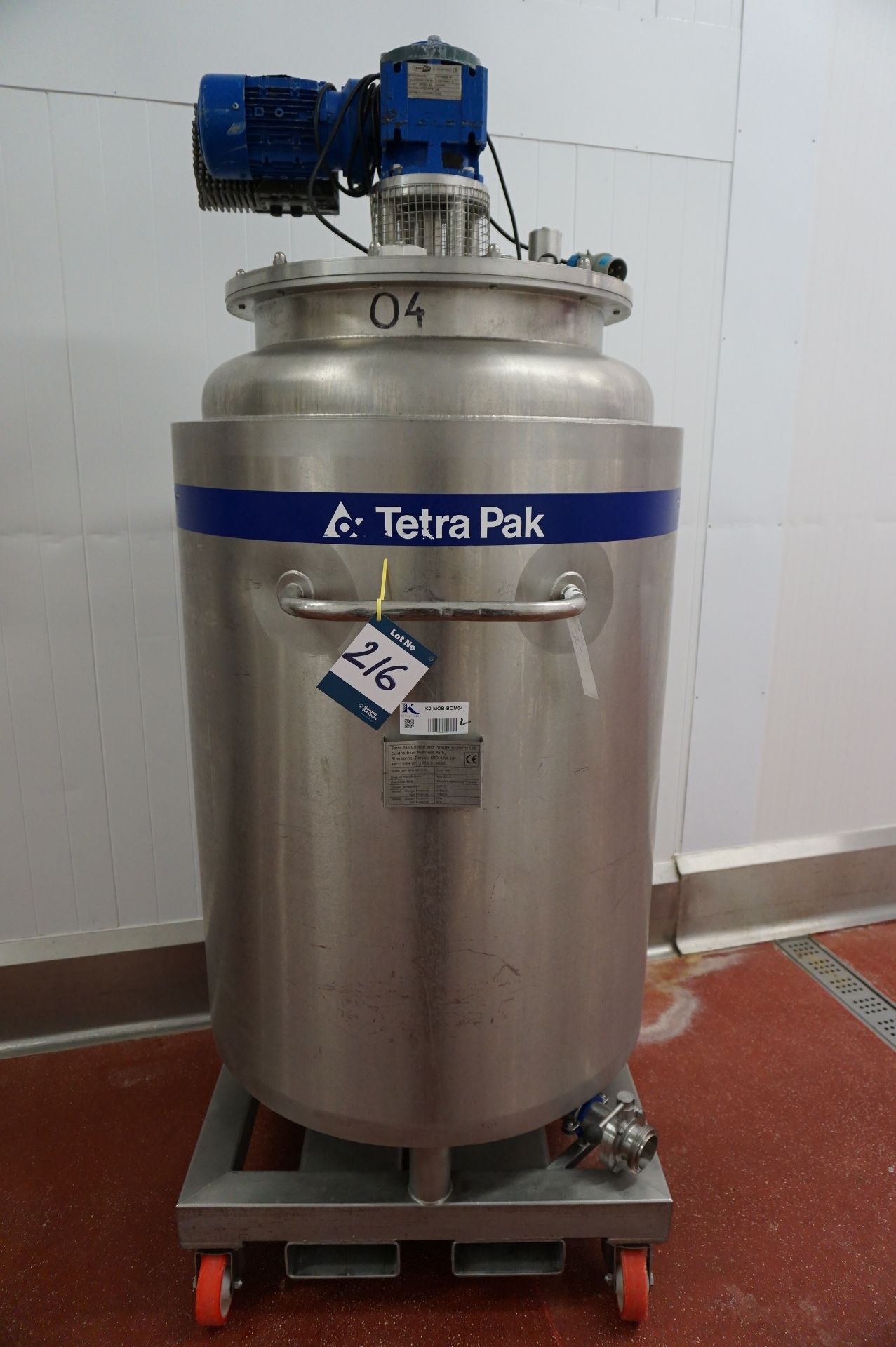 Tetra-Pak, jacketed and pressurised 500kg mobile storage vessel with forklift attachment, Serial No.