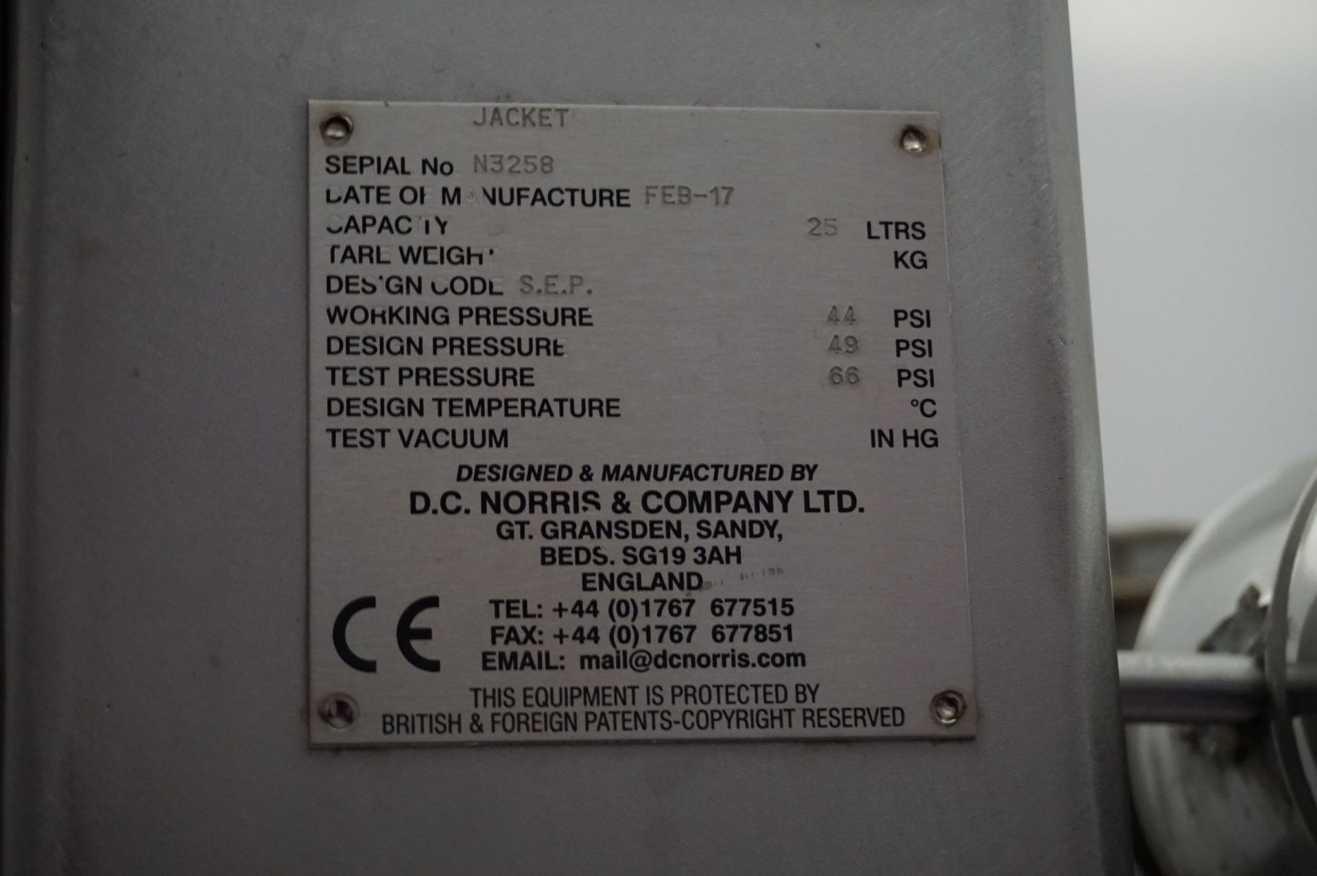 DC Norris, Model: DA300, 300L jacketed pressurised cook vat, Serial No. 3258 (2017) with on - Image 5 of 6