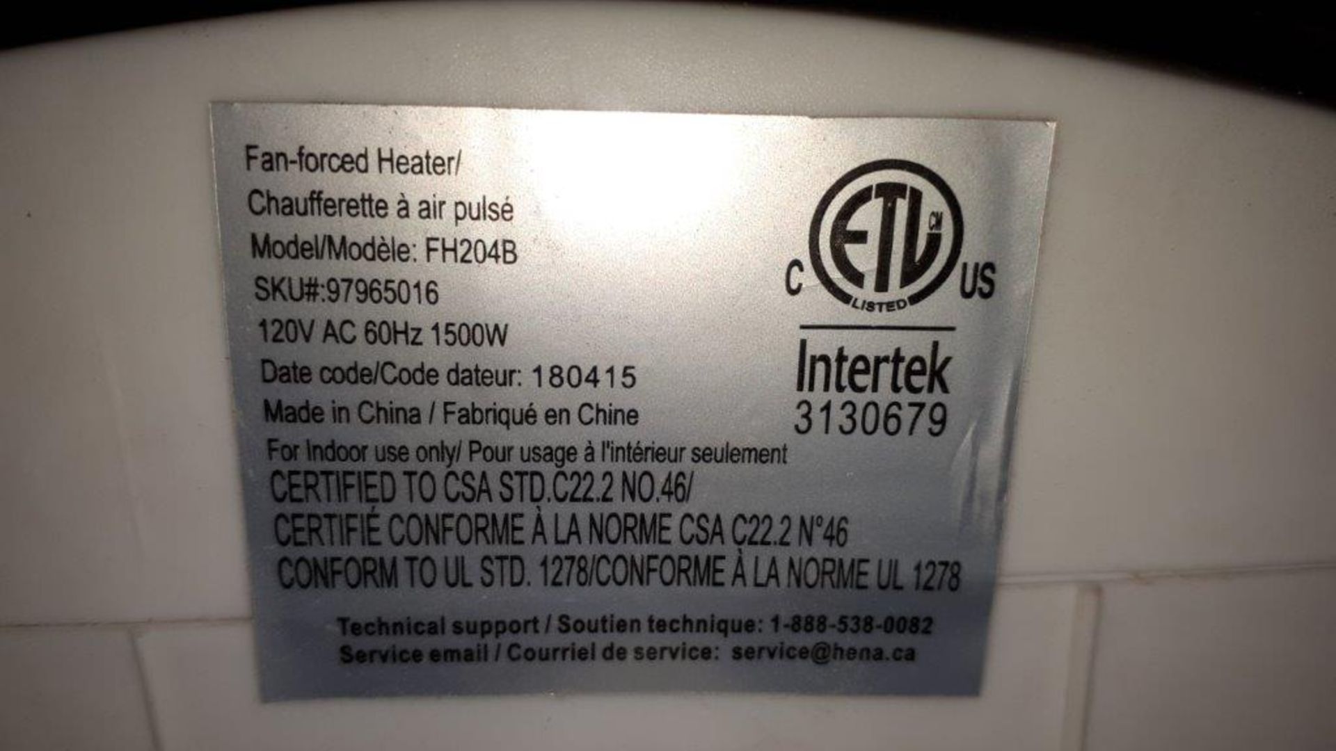 LOT: (2) INTERTEK Fan Forced Heater, 110 V. 1500 watts - Image 2 of 2