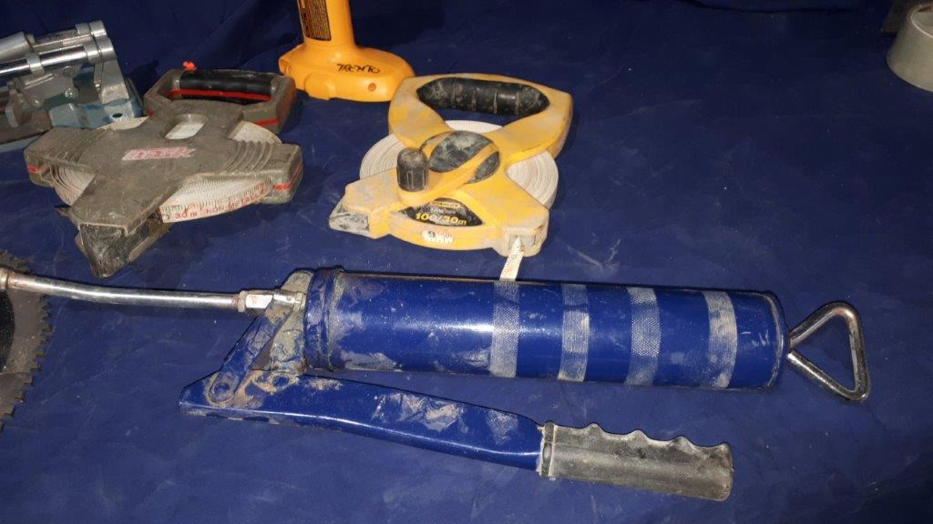 LOT: Clamps, Tile Cutter, Tape Measures, Saw Blade, Lamp, Grease Gun - Image 3 of 4