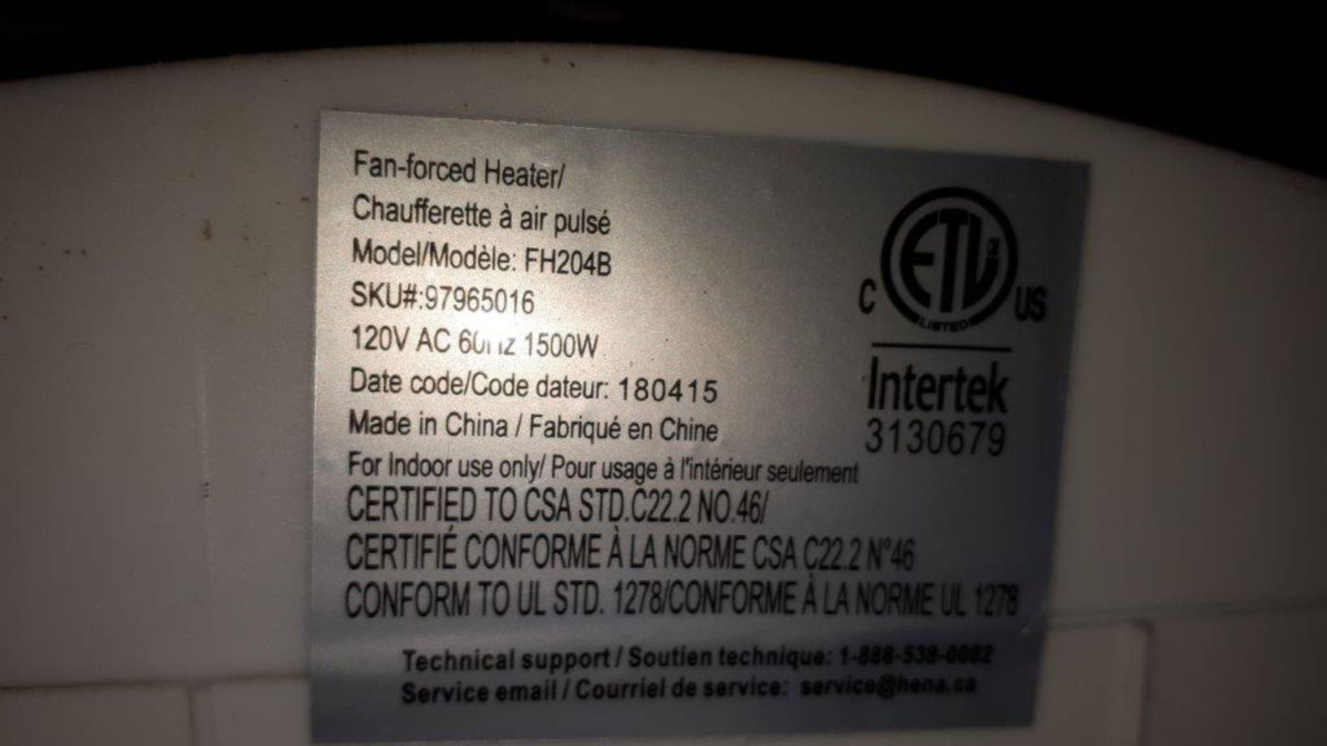 LOT: (2) INTERTEK Fan Forced Heater, 110 V. 1500 watts - Image 2 of 2