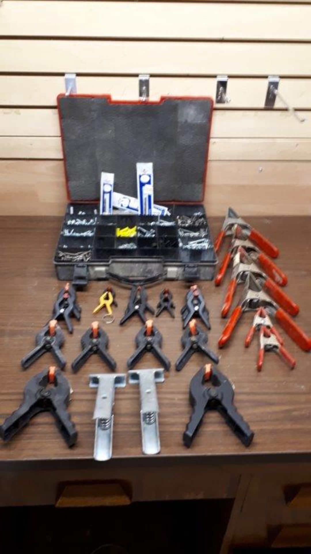 LOT: Asst. Clamps, Plastic Case w/ screws, drill bits, etc.