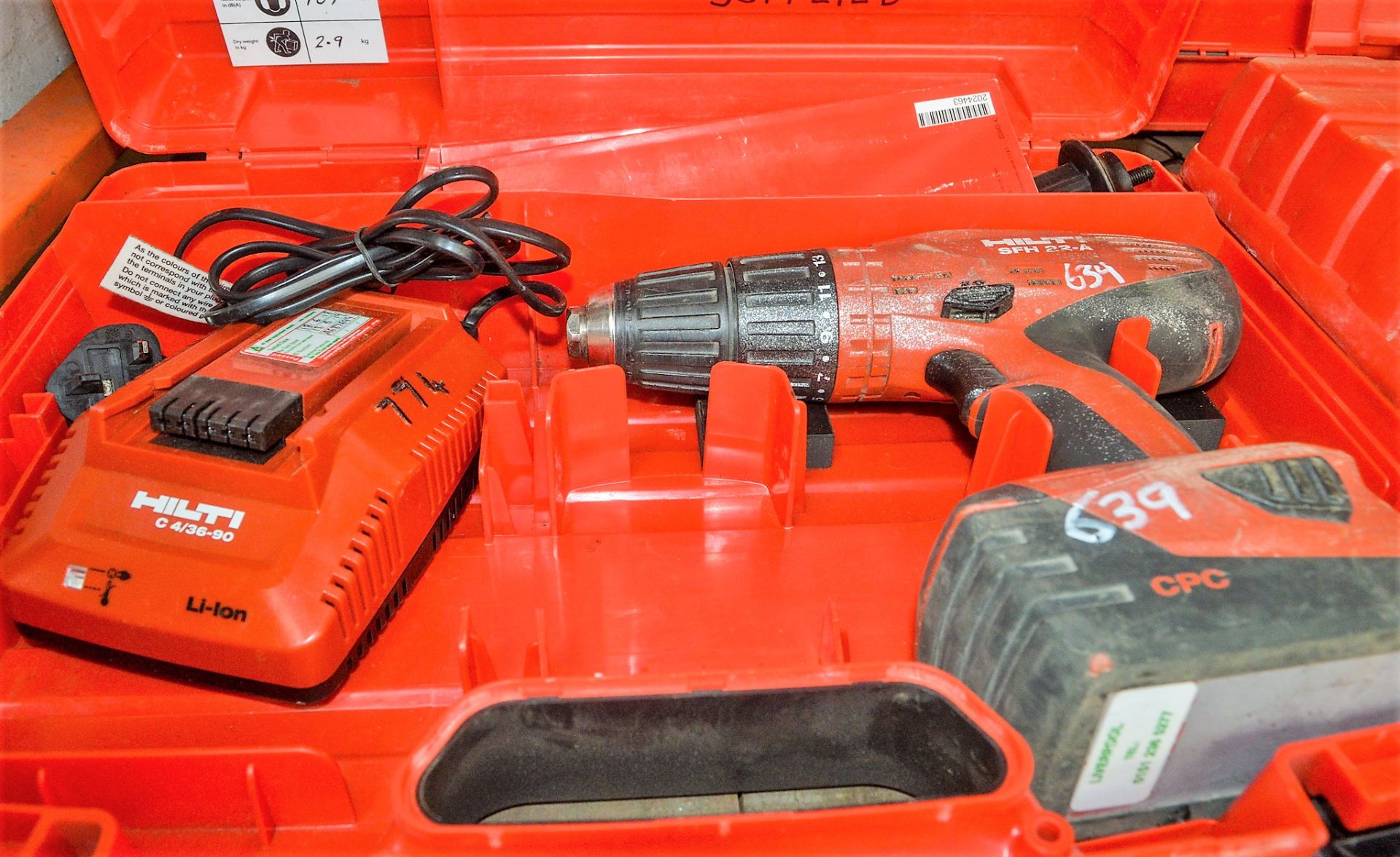 Hilti SFH22-A 22v cordless power drill c/w charger, battery & carry case A687699