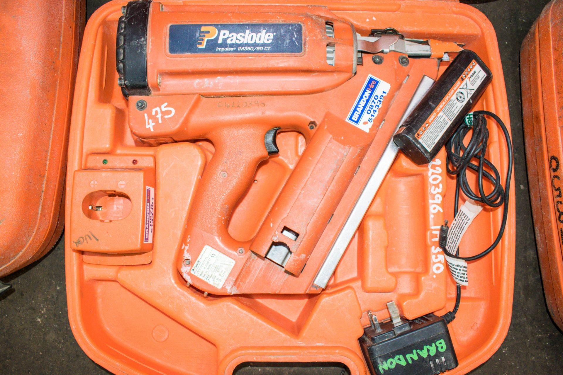 Paslode IM350/90 CT nail gun c/w battery, charger & carry case