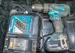 Makita 18v cordless drill c/w charger, battery & carry case A722532