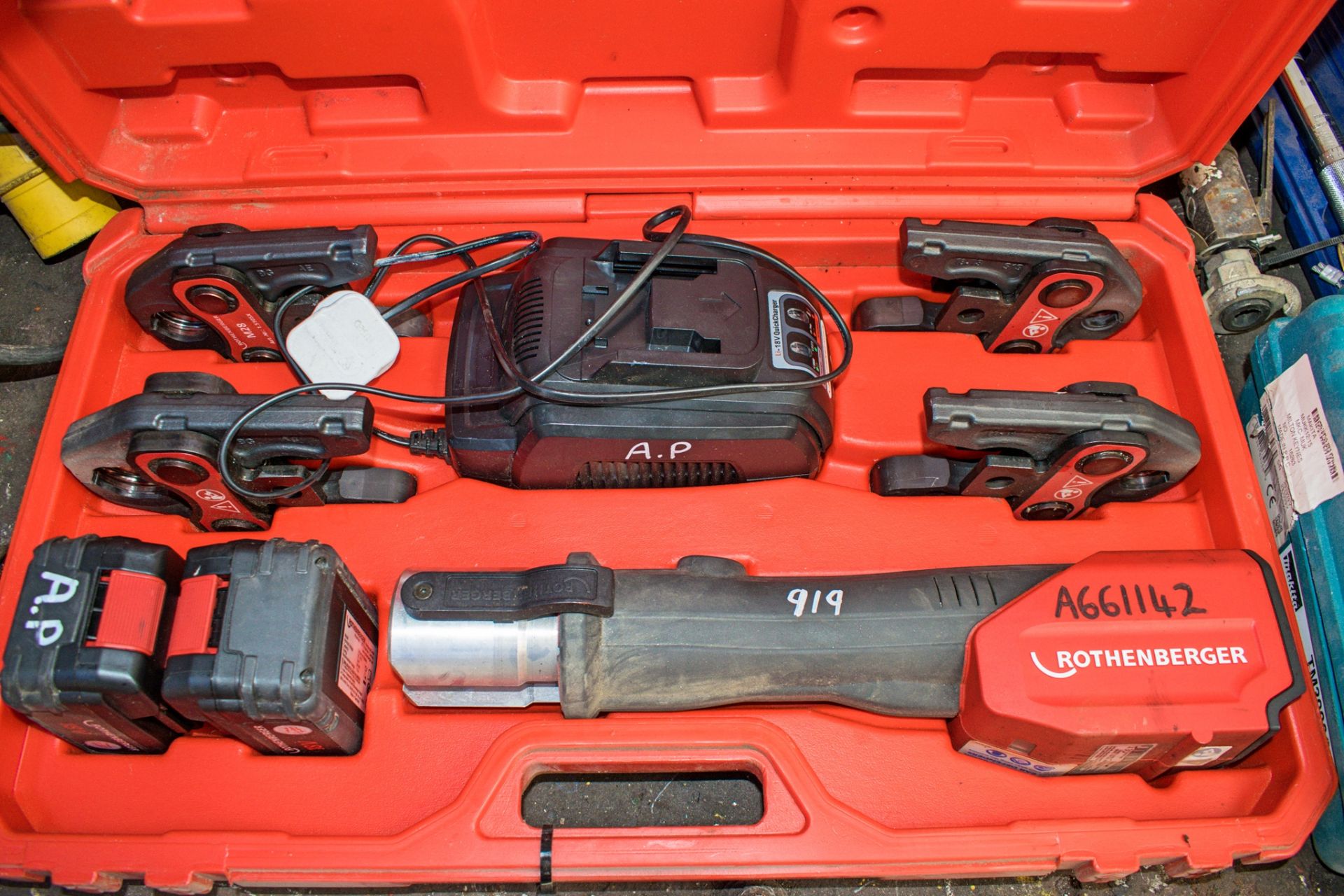 Rothenberger 18v cordless pipe crimping tool c/w 4 heads, charger, 2 batteries & carry case A661142