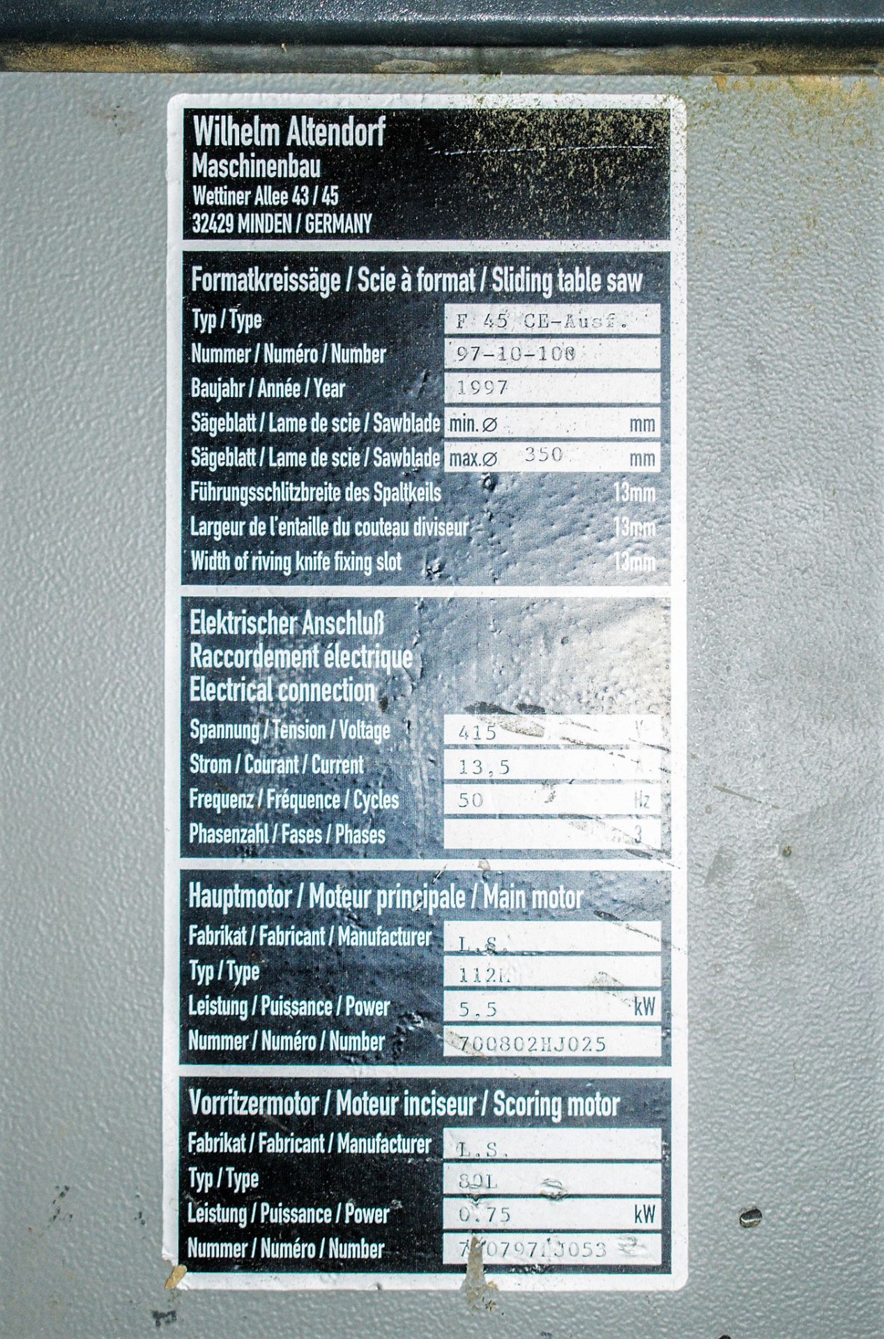 Altendorf F45 350mm sliding table panel saw  Year: 1997 S/N: 97-10-100 Sliding bed size: 3200mm - Image 11 of 11