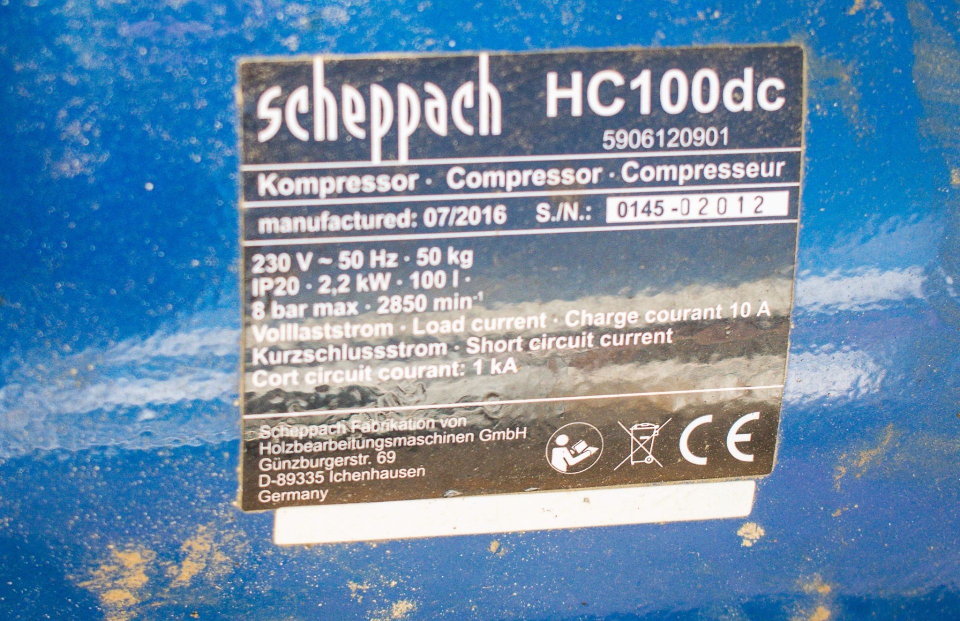 Scheppach HC100DC 240v receiver mounted air compressor for spares or repair Year: 2016 S/N: 0145- - Image 3 of 3