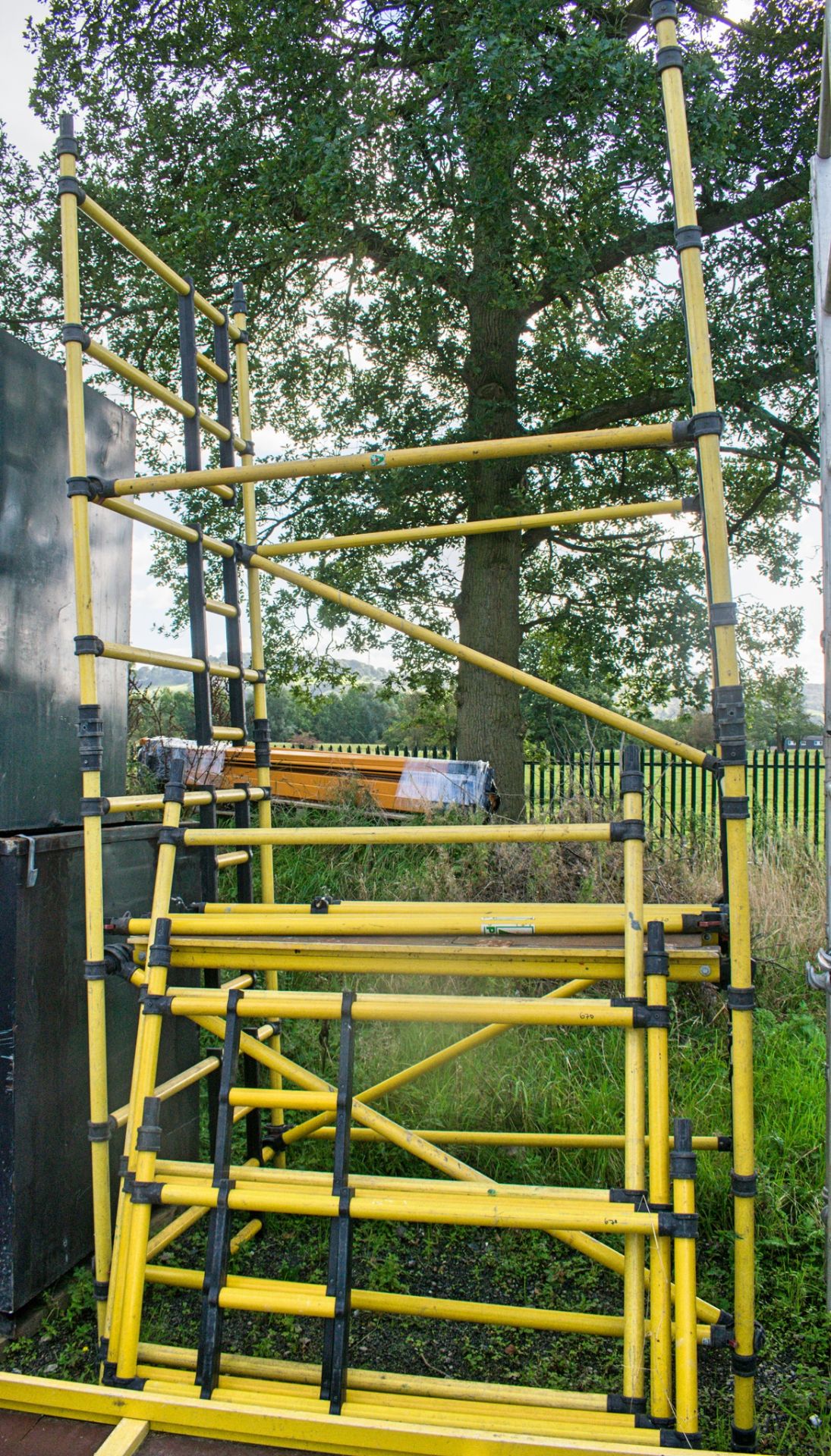 Glass fibre scaffold tower comprising; 7 end frames 8 cross beams 1 staging board