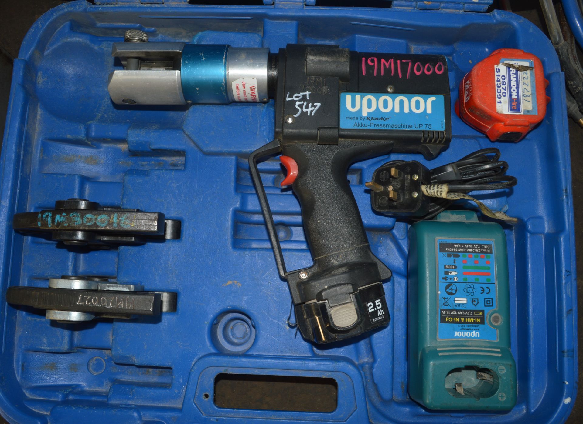 Klauke Uponer 12v cordless pipe press machine c/w charger, 2 - batteries, 2 - press jaws & carry