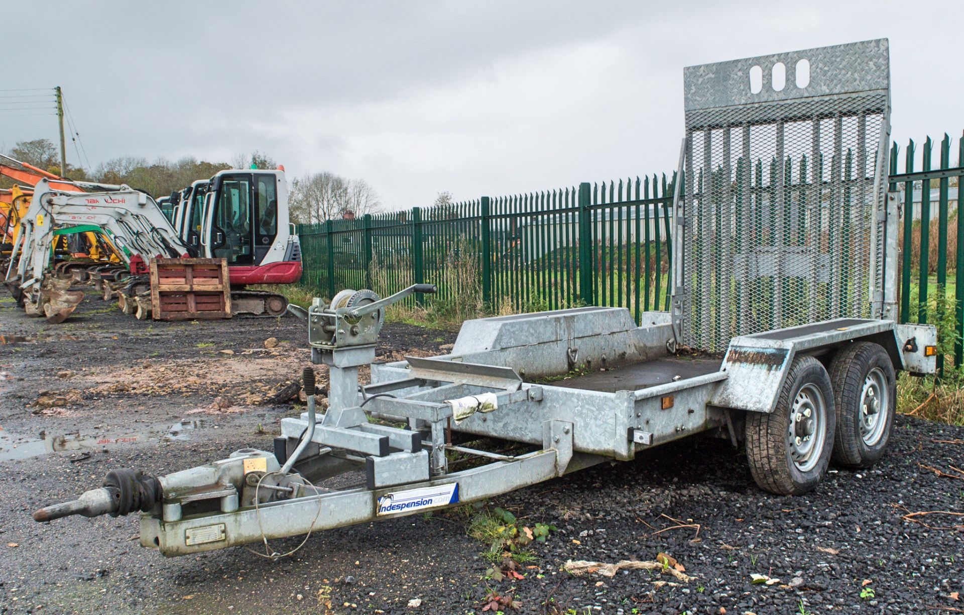 Indespension 8 ft x 4 ft tandem axle plant trailer c/w manual winch & 6 ft tail board N587183