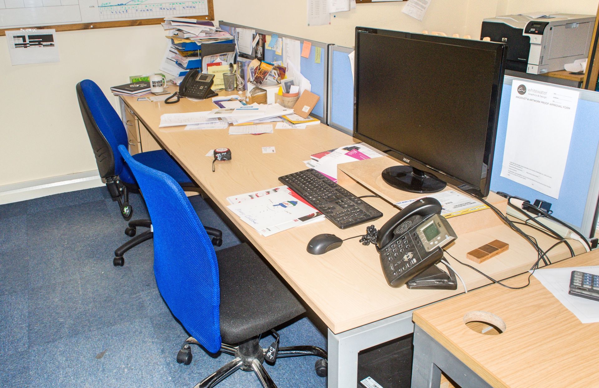 Work desk Dimensions: 300 cm x 80 cm c/w 3 drawer pedestal & 2 - chairs ** Computer & phones not