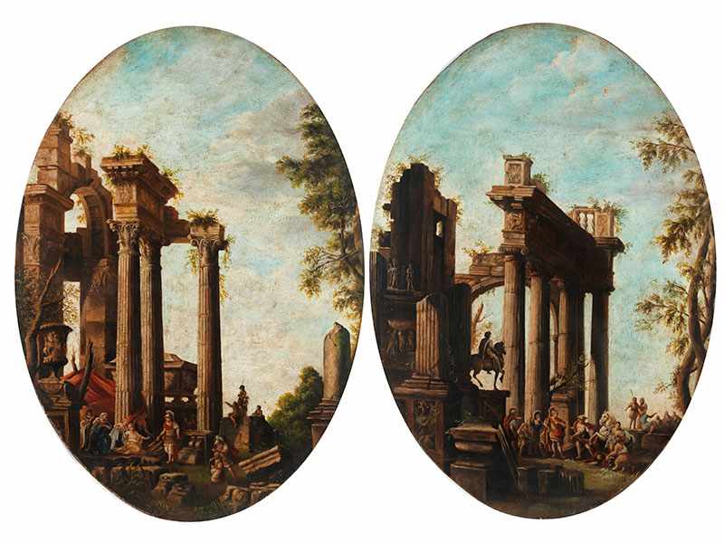 Italienischer Capriccio-Maler des 17./ 18. Jahrhunderts Gemäldepaar RÖMISCHE RUINENARCHITEKTUR MIT