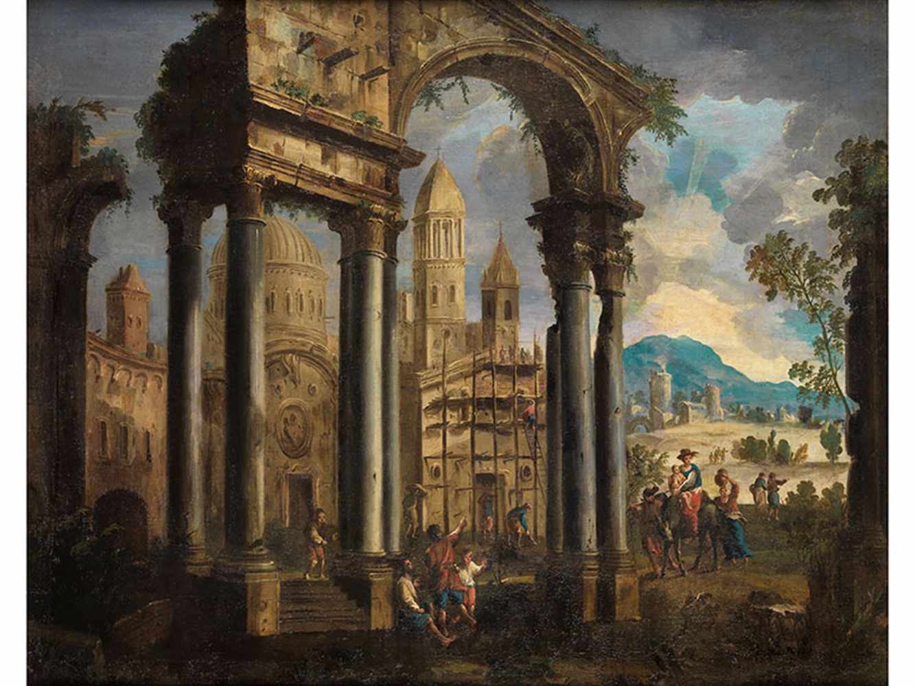 Italienischer Maler des 17. Jahrhunderts ARCHITEKTURCAPRICCIO MIT RUINE UND KIRCHE SOWIE - Image 6 of 6