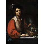 Italienischer Caravaggist des 17. Jahrhunderts HERRENPORTRAIT MIT FEIGEN Öl auf Leinwand. Doubliert.