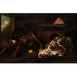 Italienischer Maler des 17. Jahrhunderts STILLLEBEN MIT HUND UND KATZE Öl auf Leinwand. 116 x 173