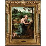 Flämischer Maler des 16. Jahrhunderts DER HEILIGE HIERONYMUS VOR EINEM KREUZ IM GEBET Öl auf Holz.