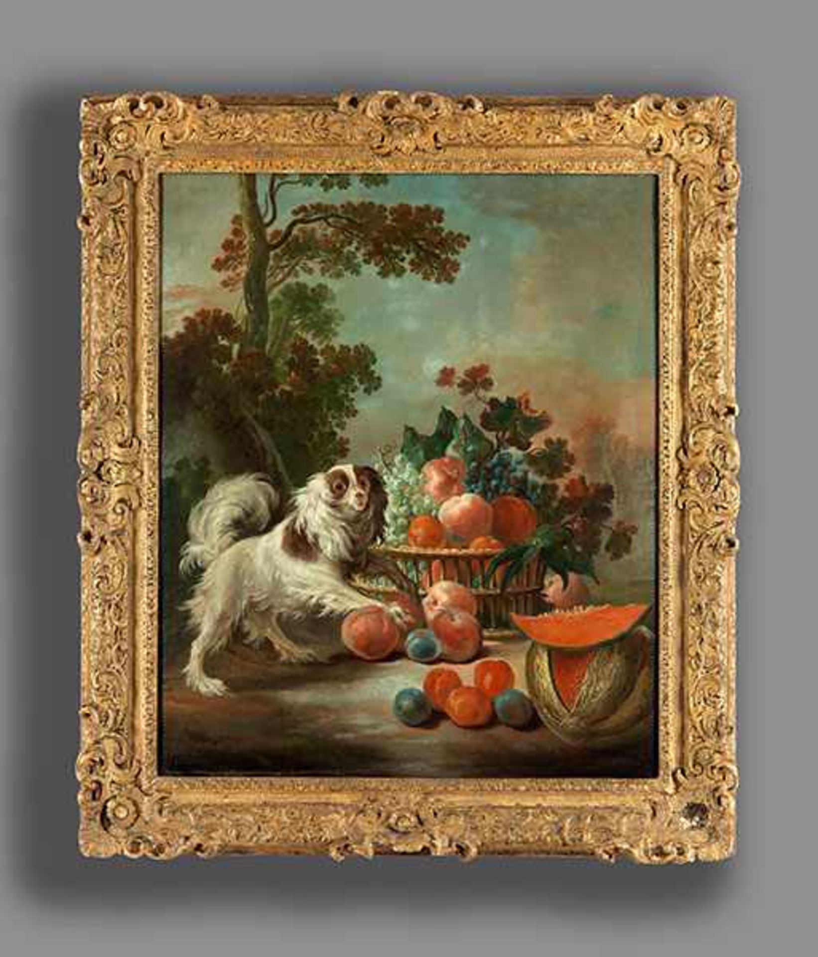 Französischer Meister des 18. Jahrhunderts STILLLEBEN MIT HÜNDCHEN Öl auf Leinwand. 76 x 64 cm. In - Bild 3 aus 4