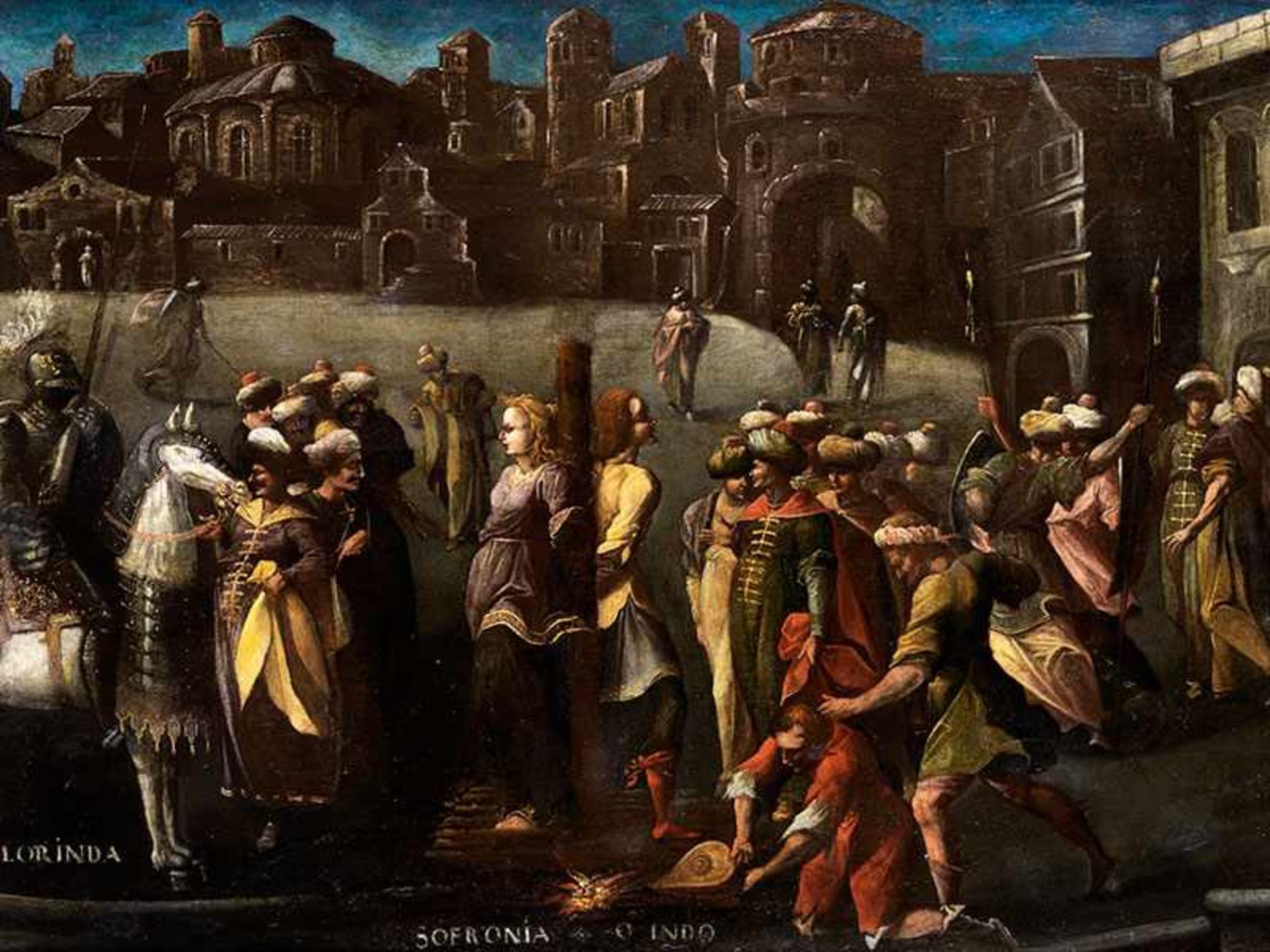 Italienischer Maler des 17. Jahrhunderts CLORINDA RETTET SOFRONIA UND OLINDO Öl auf Leinwand. 95 x