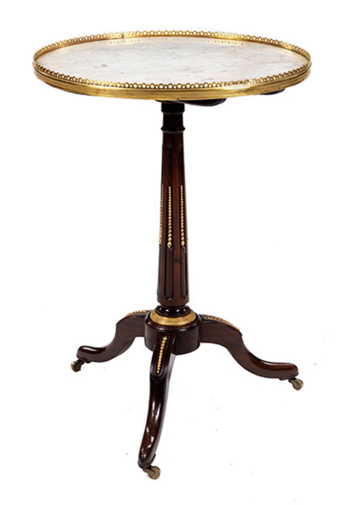 Louis XVI-Guéridon Höhe: 71 cm. Durchmesser: 48 cm. Mahagoni mit vergoldeten Bronzeapplikationen.
