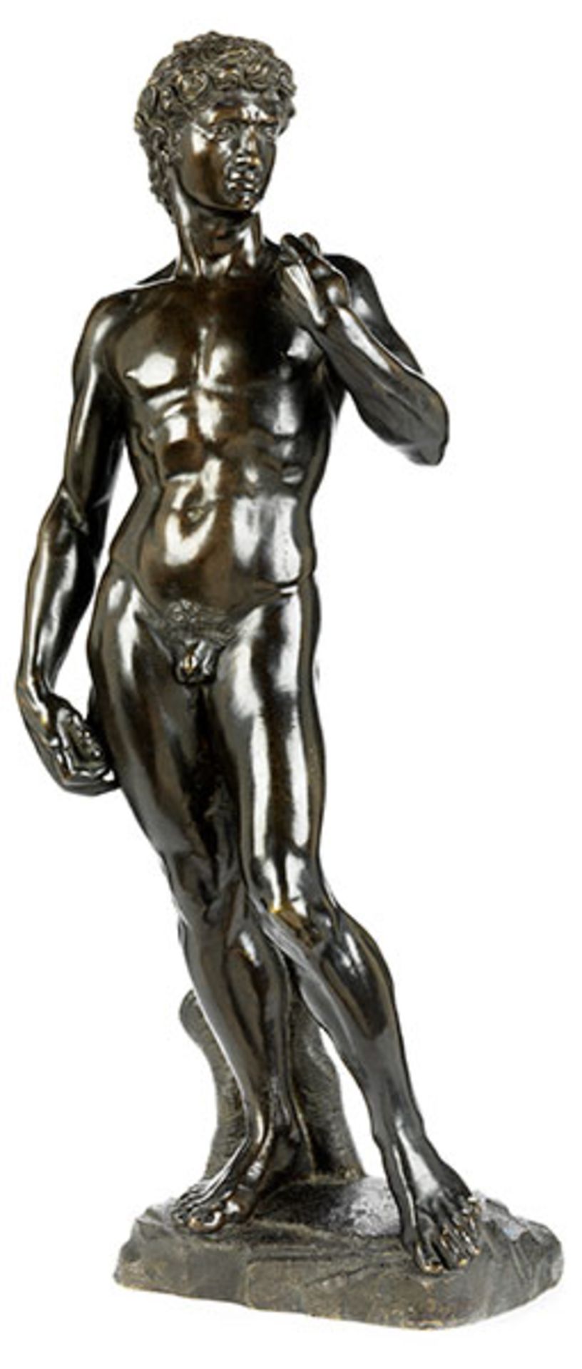 Figur des David Höhe: 51 cm. Italien, um 1900. Messingbronze gegossen, ziseliert, dunkel