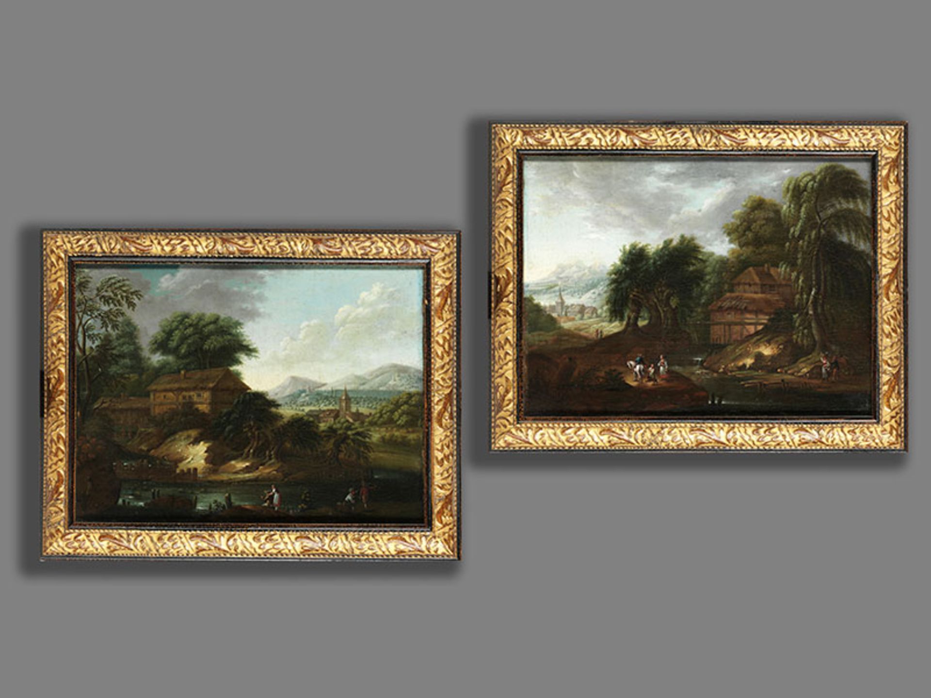 Maler der Frankfurter Schule des 18. Jahrhunderts Gemäldepaar LANDSCHAFTEN MIT STROHGEDECKTEN - Bild 5 aus 6