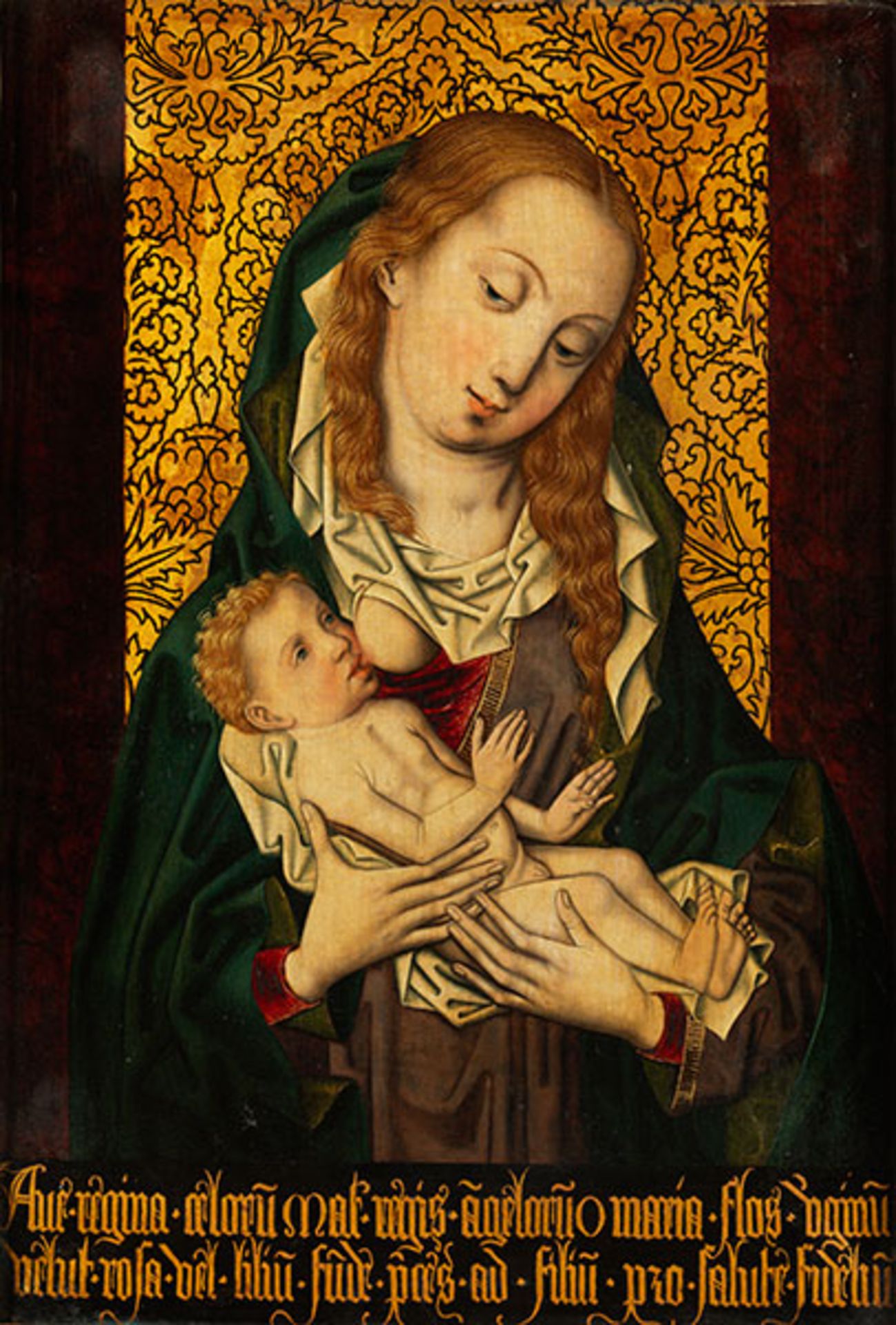 Meister des Brokathintergrundes, tätig um 1480 "" 1500 MARIA LACTANS Öl und Goldgrund auf Holz. 43 x