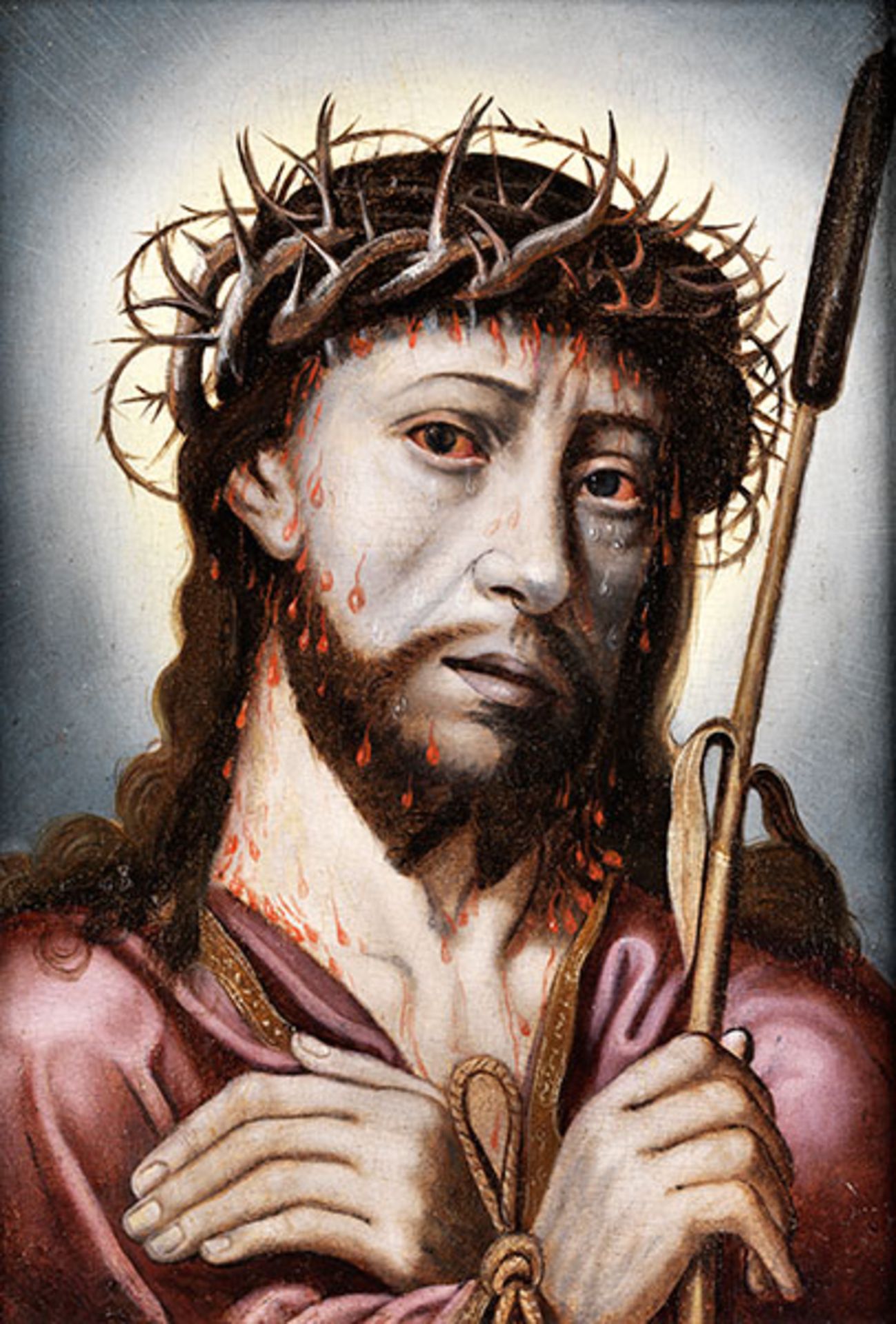 Flämischer Meister des 16. Jahrhunderts CHRISTUS ALS SCHMERZENSMANN Öl auf Holz. 42 x 30 cm. Bildnis