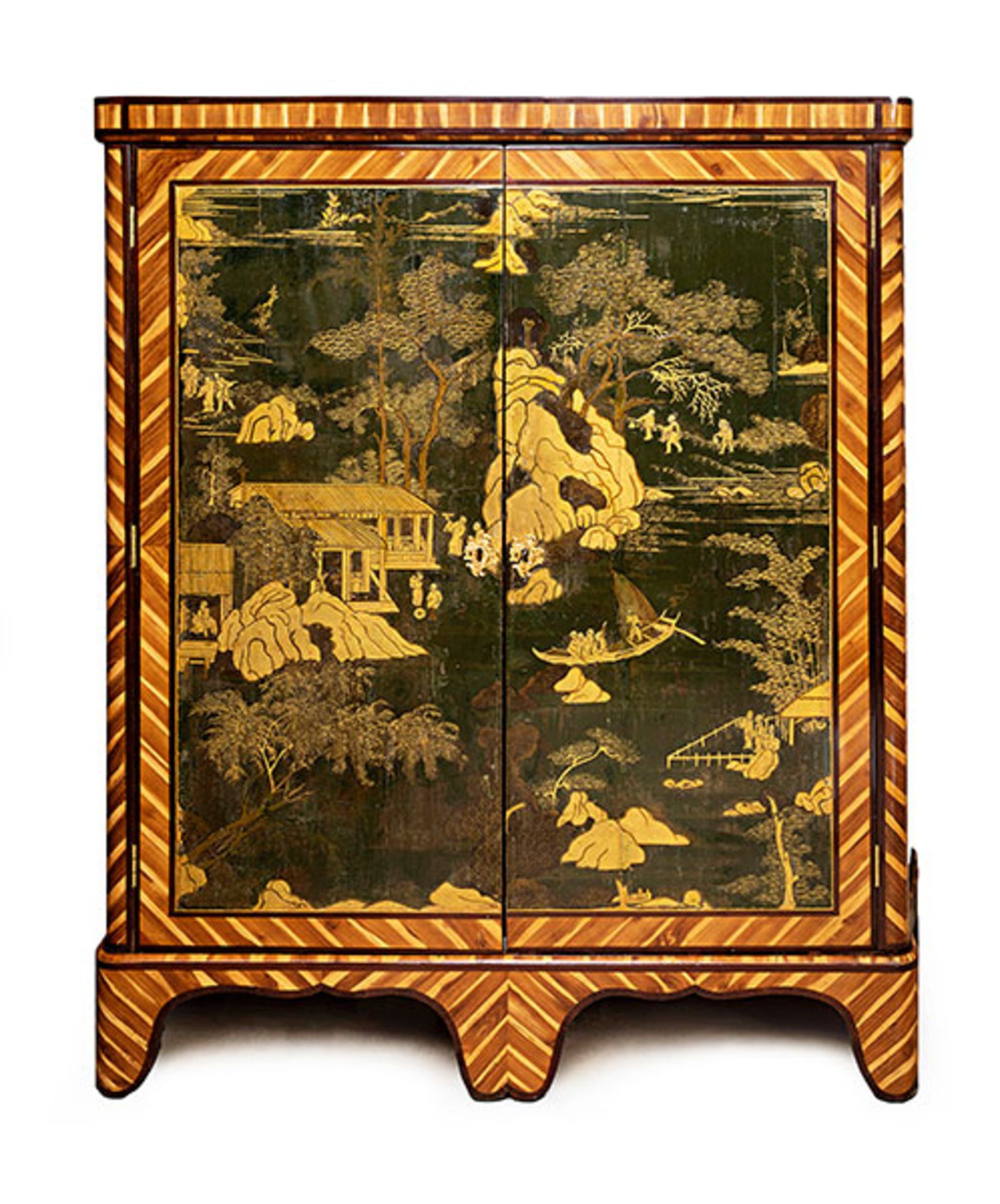 Chinoiserie Schränkchen 147 x 140 x 40 cm. Frankreich, 18. Jahrhundert. Holz, gefasst, lackiert.