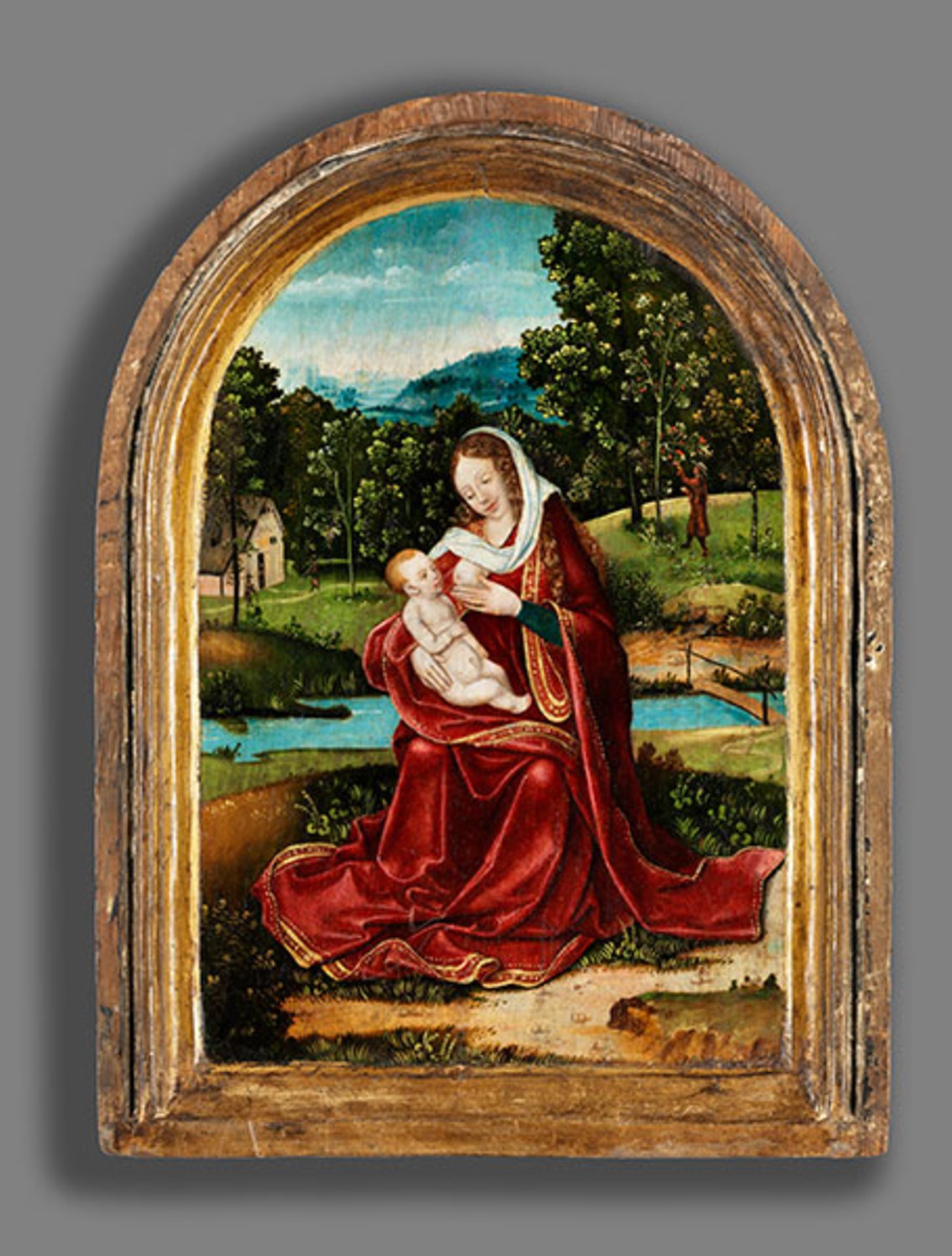 Hans Memling um 1433 "" 1494, zug. MARIA LACTANS Öl auf Eichenholz. Der obere Abschluss rund gebogt. - Bild 3 aus 4