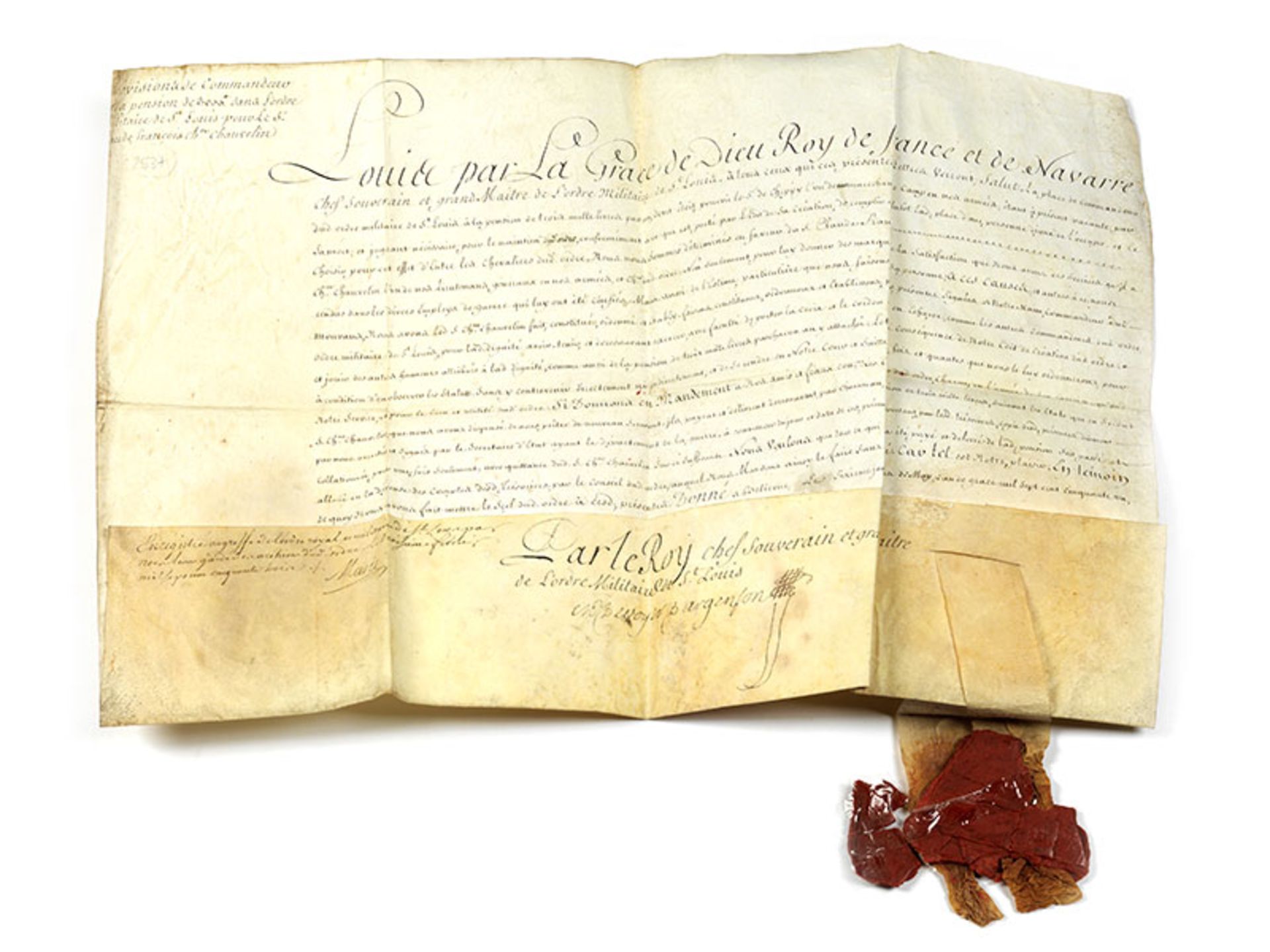Dokument von Louis XV König von Frankreich ca. 38,3 x 59,5 cm. Versailles, 6. Mai 1751. Tusche auf