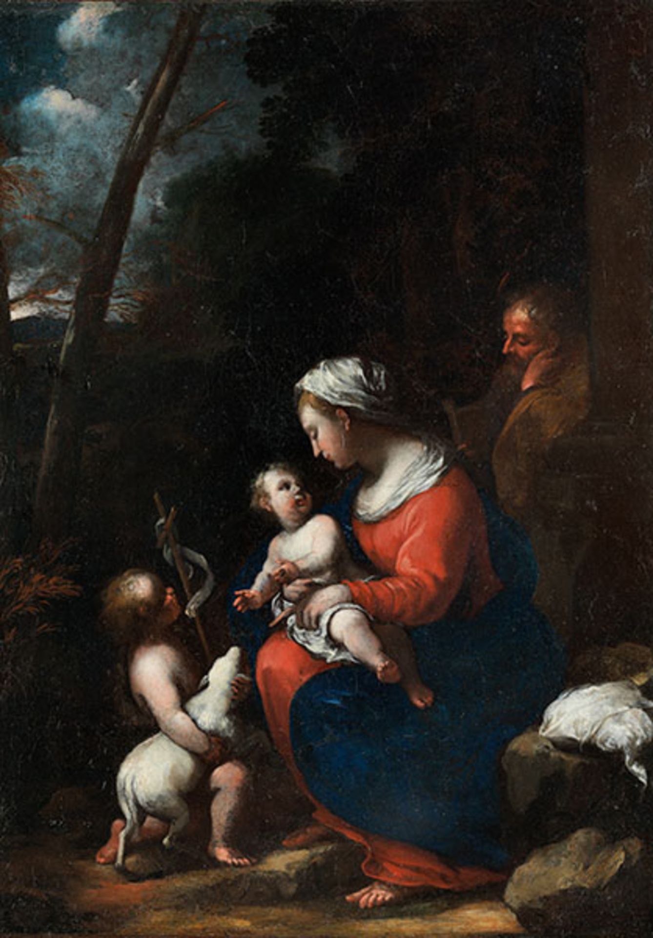 Onorio Marinari, 1627 Florenz "" 1715, zug. DIE HEILIGE FAMILIE MIT DEM JOHANNESKNABEN IN LANDSCHAFT