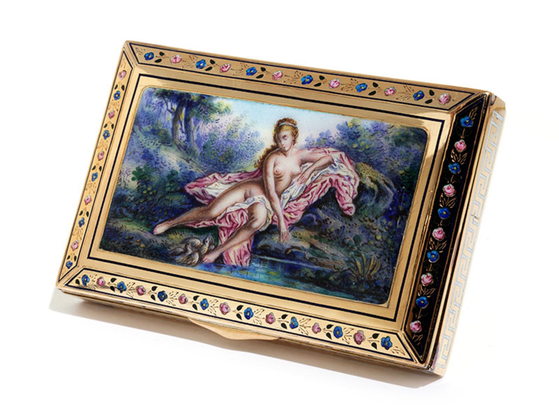Golddose mit feiner Emailmalerei 1,4 x 9 x 5,8 cm. Gewicht: 102 g. Innen mit Feingehaltsstempel - Bild 4 aus 6