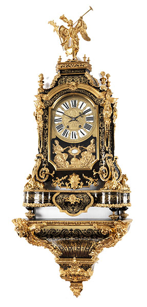 Große Boulle-Uhr Höhe inkl. Konsole: 155 cm. Unter dem Zifferblatt Signaturkartusche "Charles