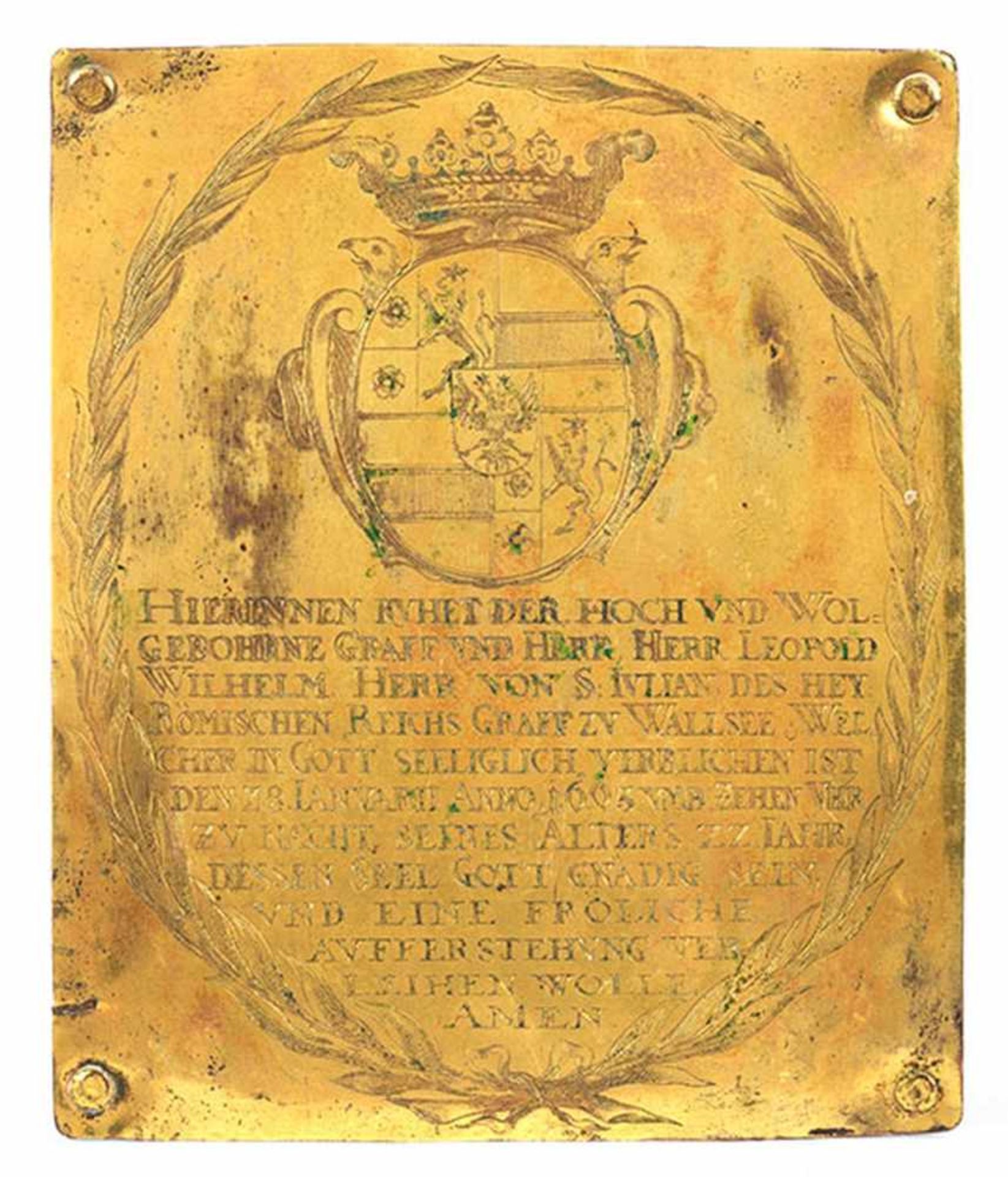 Feuervergoldete Kupferplatte 21 x 17,5 cm. Mit Datierung "1663". Kupferplatte mit Grafenwappen und - Bild 3 aus 3