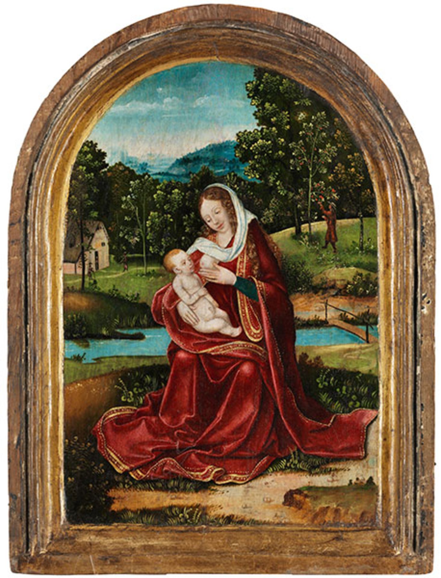 Hans Memling um 1433 "" 1494, zug. MARIA LACTANS Öl auf Eichenholz. Der obere Abschluss rund gebogt.