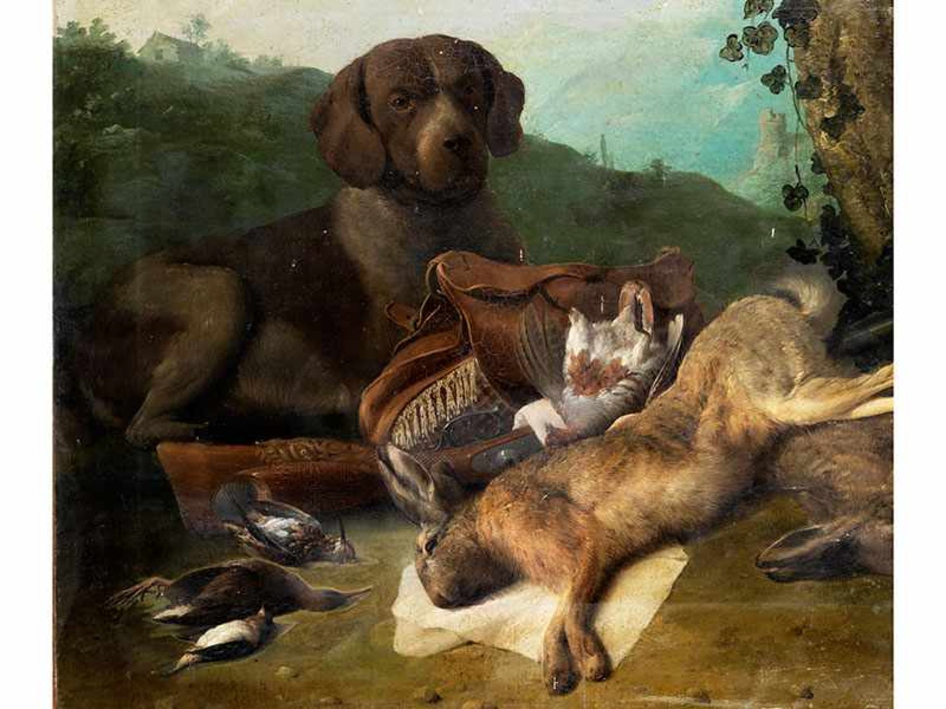 Italienischer Maler des 18./ 19. Jahrhunderts JAGDSTILLLEBEN IN LANDSCHAFT MIT EINEM JAGDHUND Öl auf - Bild 2 aus 5