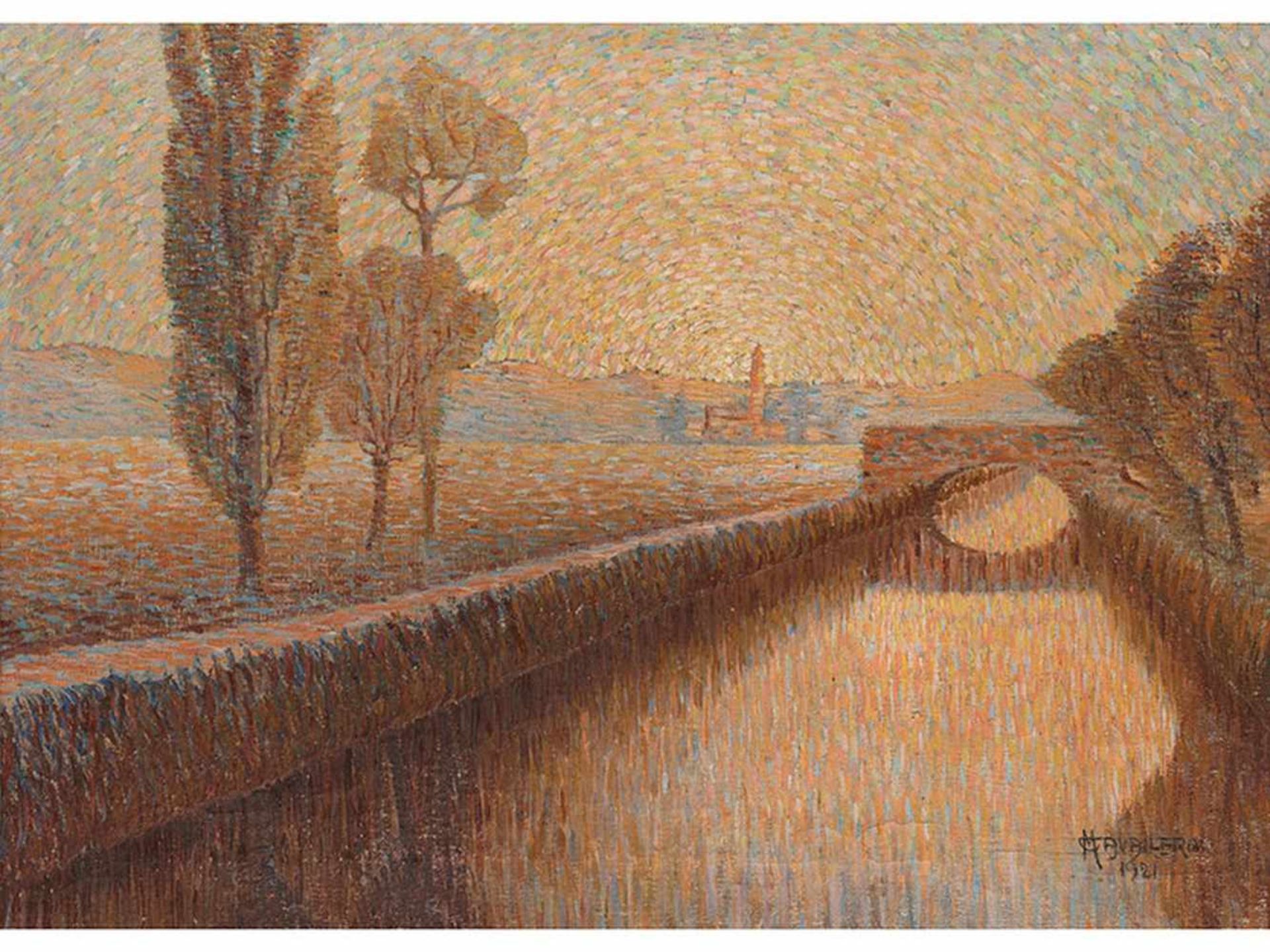 Mario Cavallero, Italienischer Maler des Pointilismus WEITE LANDSCHAFT MIT PAPPELN AN EINEM KANAL Öl - Bild 5 aus 5