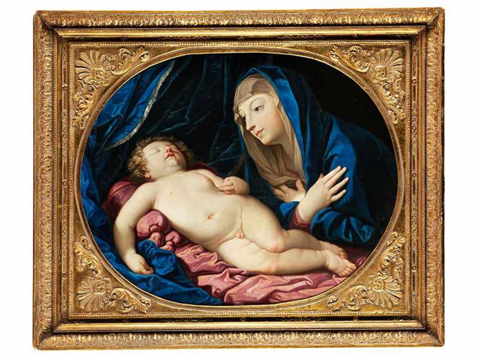 Elisabetta Sirani, 1638 "" 1665, zug. MADONNA MIT DEM SCHLAFENDEN JESUSKNABEN Öl auf Leinwand.